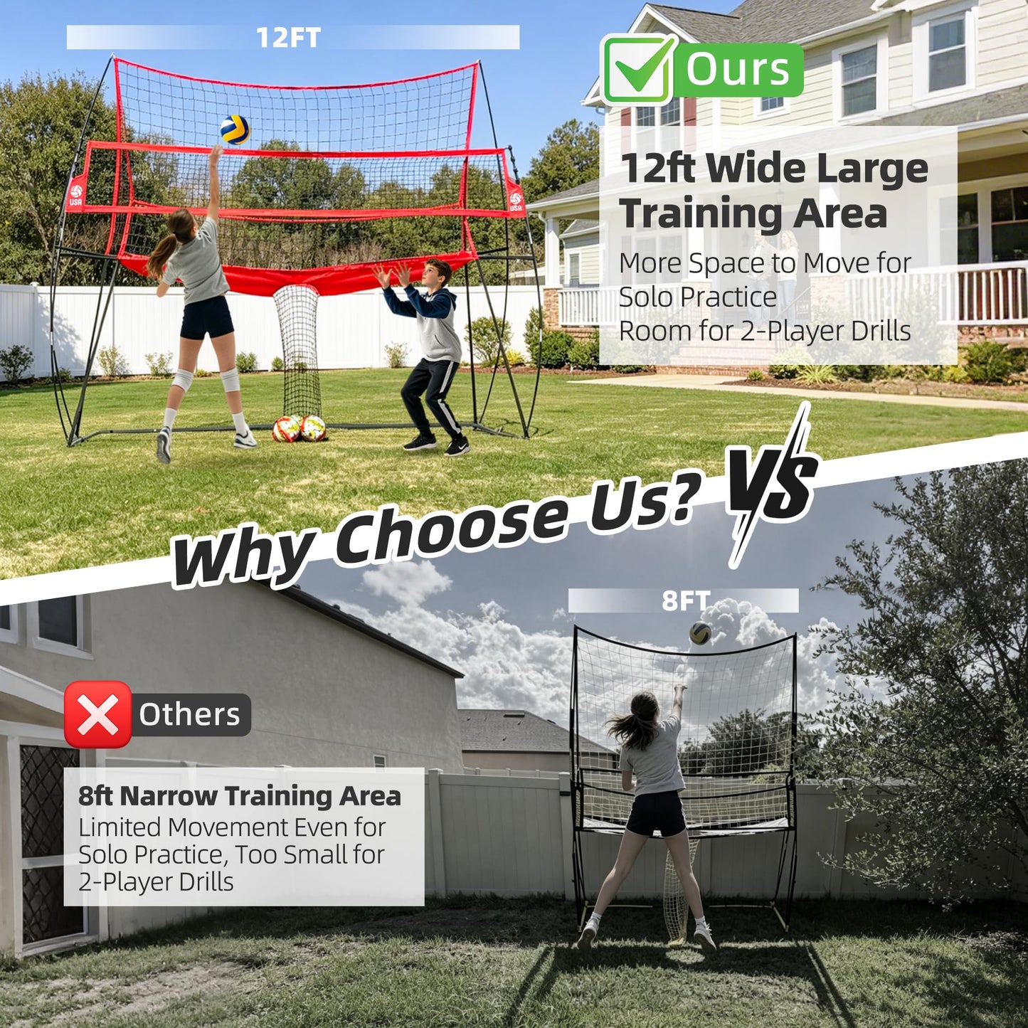 JOLORLY 2-in-1 Volleyball Practice Net Station with Patented 5-Height (6'6'' to 8'), Heavy Duty Training System for Hitting Spiking Serving, Backyard Indoor Outdoor Trainer Equipment (12x11 ft Red)