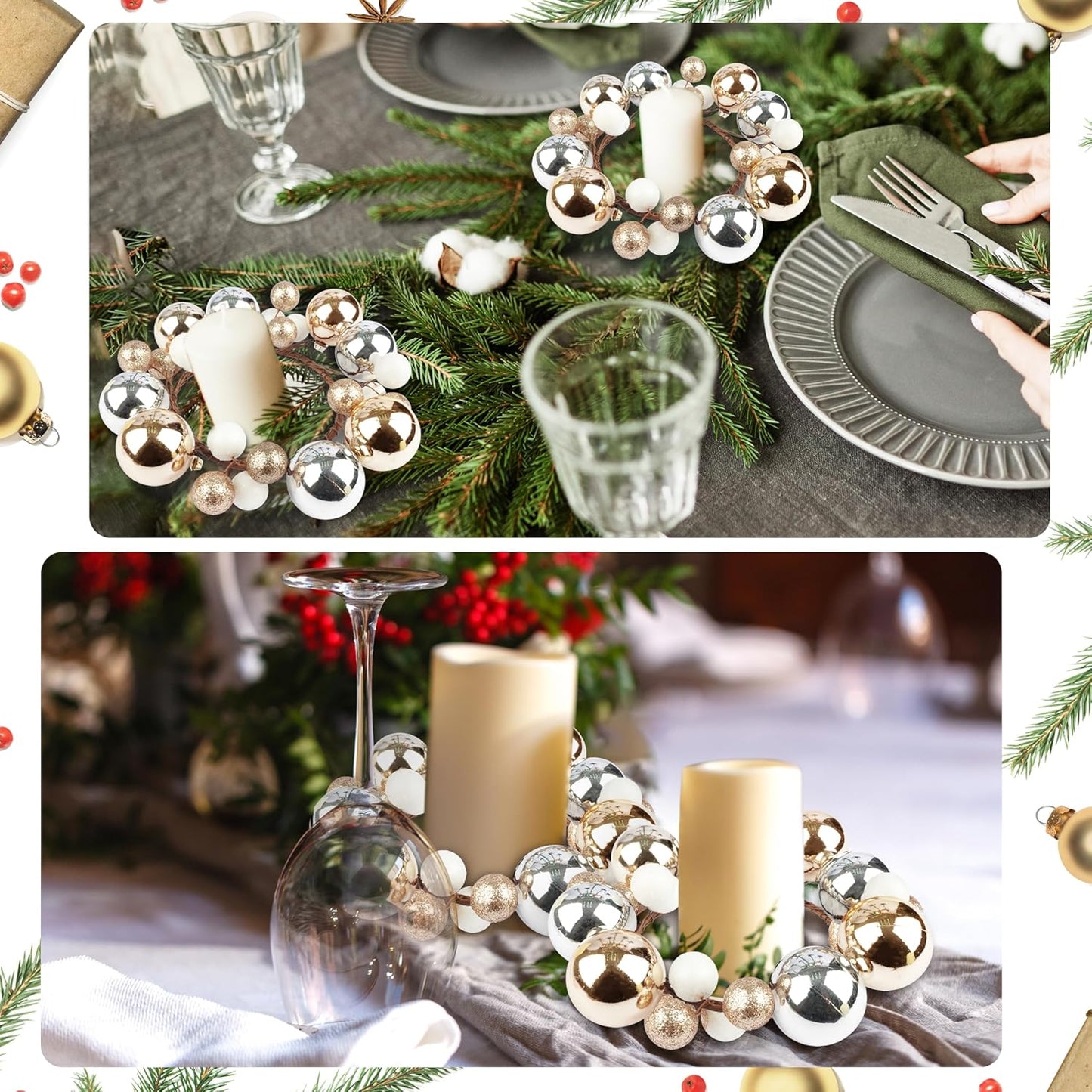 Regine Switzerland Christmas Ball Ornament Candle Rings - Gold & Silver Glitter | 3.2 Inch Candle Holders for Rustic Winter Decor