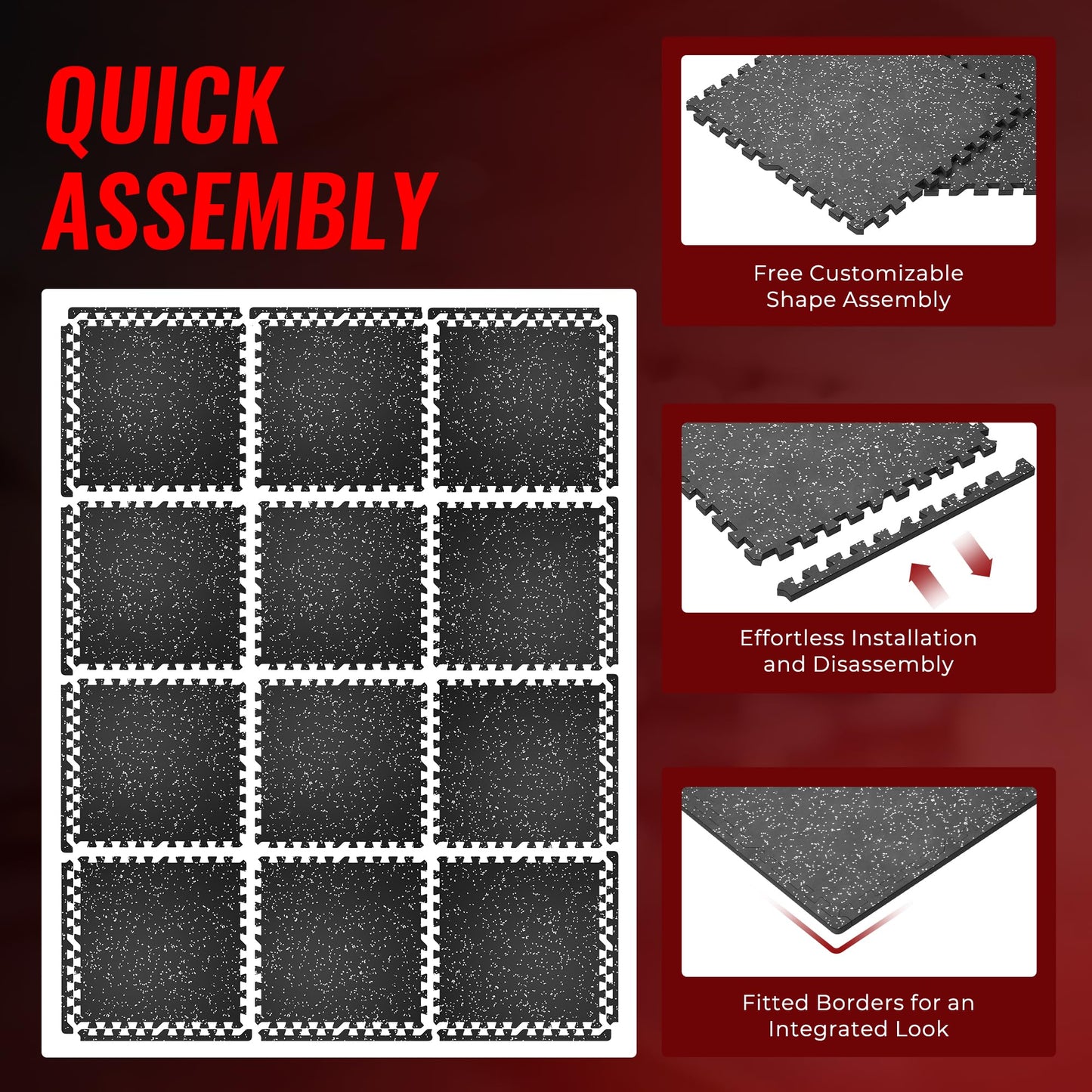 SUPERJARE 0.79'' Extra-Thick Exercise Equipment Mats, 12 Pcs 48 Sq Ft Rubber Top Floor Tiles with High Density EVA Foam, Interlocking Gym Flooring for Home Gym, Workout Mat, Black/Grey