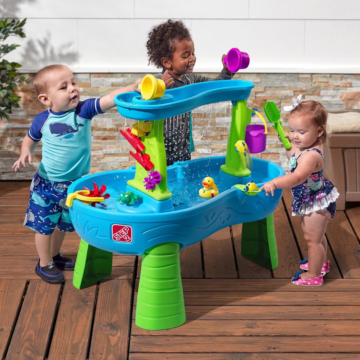 Step2 Rain Showers Splash Pond Water Table - Kids Sensory Playset with 13 Accessories | Outdoor Fun for Toddlers 1.5+ Years, Blue & Green