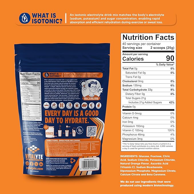 Vitalyte Electrolyte Powder Drink Mix, Isotonic Electrolyte Hydration Mix, Gluten Free Post Workout Powder Mix, Pack of 2, 35 oz. Each, Orange Flavor