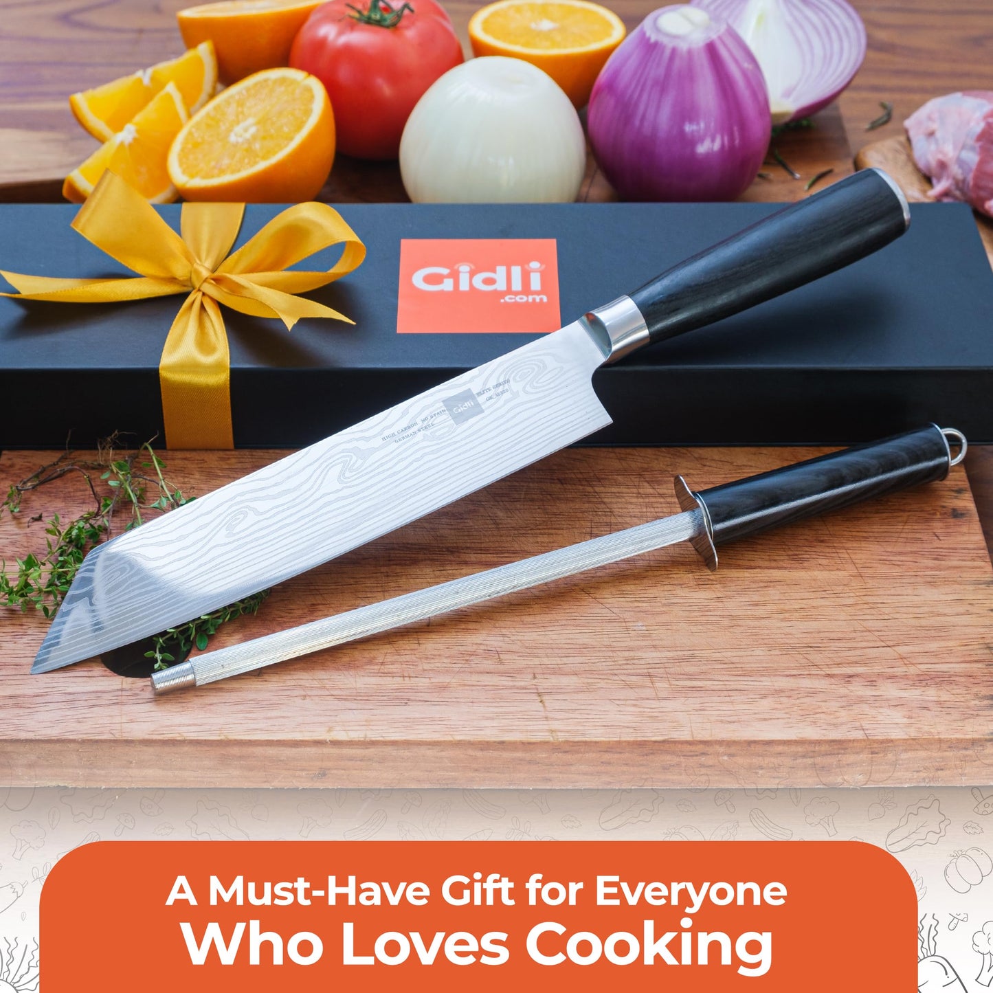 Gidli Chef Knife and Kitchen Shears Set – Ultra Sharp 8” Chef Knife with Knife Sharpener + Heavy Duty Kitchen Scissors & Seafood Scissors – Premium Stainless Steel Cooking Set – Gift Ready