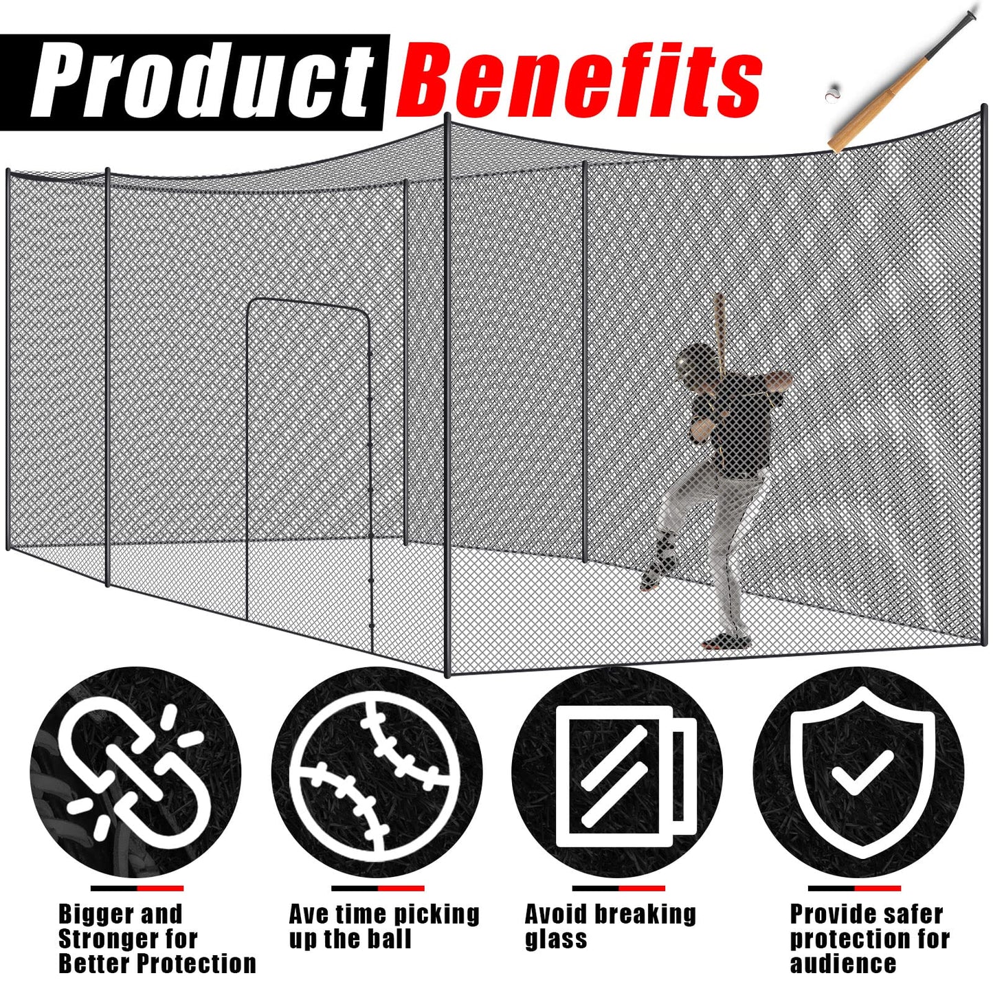 Syhood Baseball Batting Cage Net Heavy Duty Cricket Golf Softball Hitting Practice Net Portable Pitching Cage, Training Sports Barrier Screen for Backyard Outdoor(55 x 12 x 12 ft)