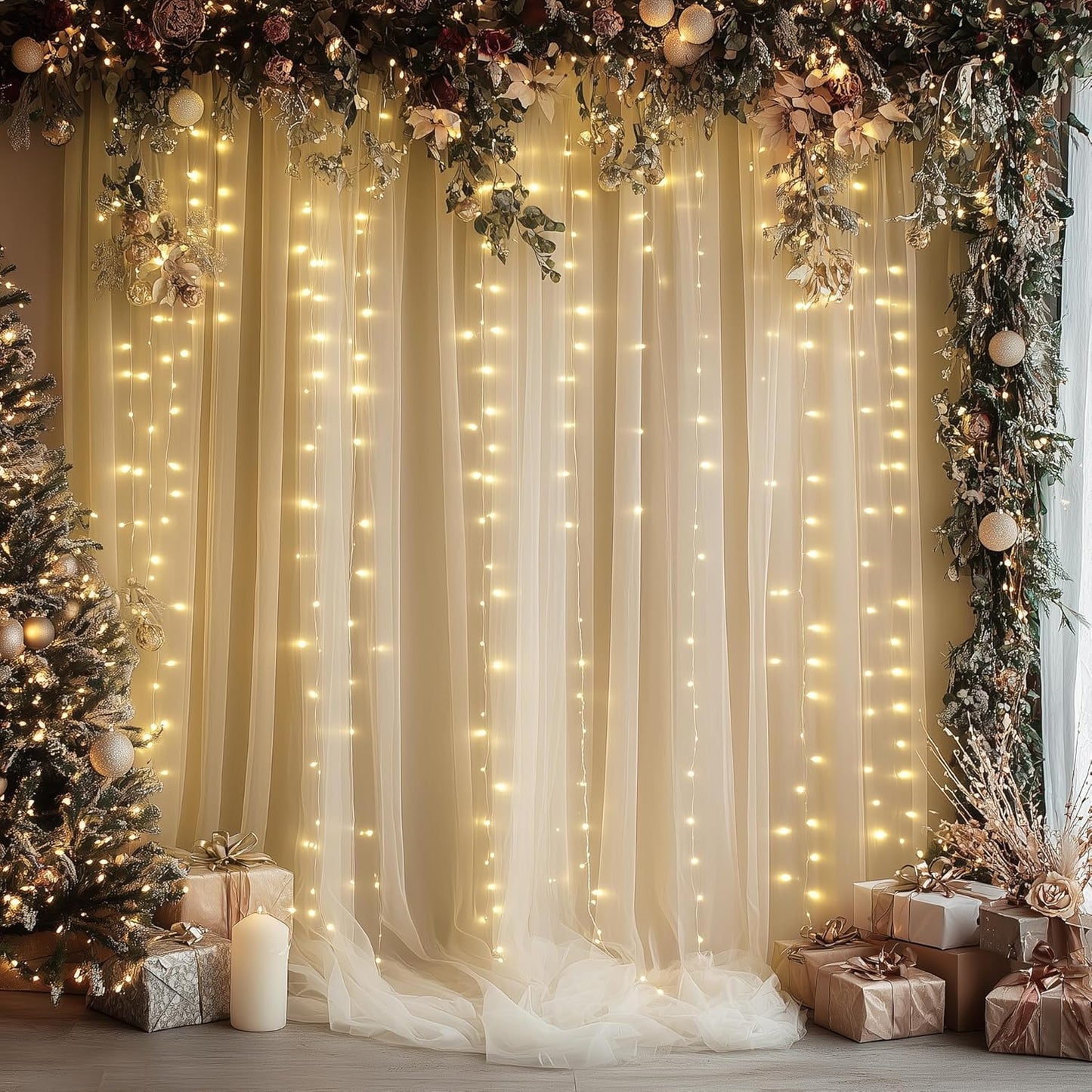 10FT 8FT (2 5x8FT) Tulle Backdrop Curtain with Lights String X Champagne Sheer Tulle Backdrop Curtains for Wedding