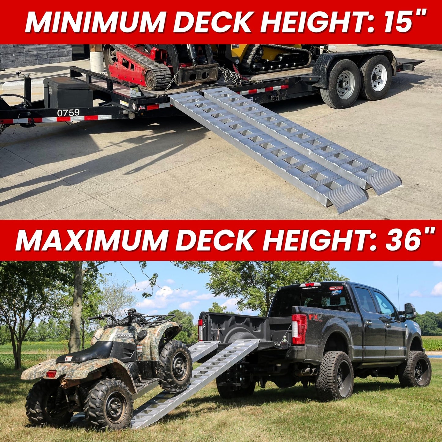 GEN-Y Hitch Heavy Duty Aluminum Loading Ramps - Set of 2, 10 Feet Long x 15 Inches Wide, 10000 lbs Capacity, Hybrid Hook and Plate Ends, Serrated Cross Rungs for Maximum Traction