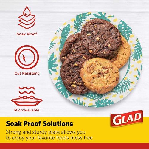 Glad Round Disposable Paper Plates - Soak Proof & Cut Resistant, 10 Inch, Palm Leaves Pattern, 50 Count | Perfect for Parties & Picnics