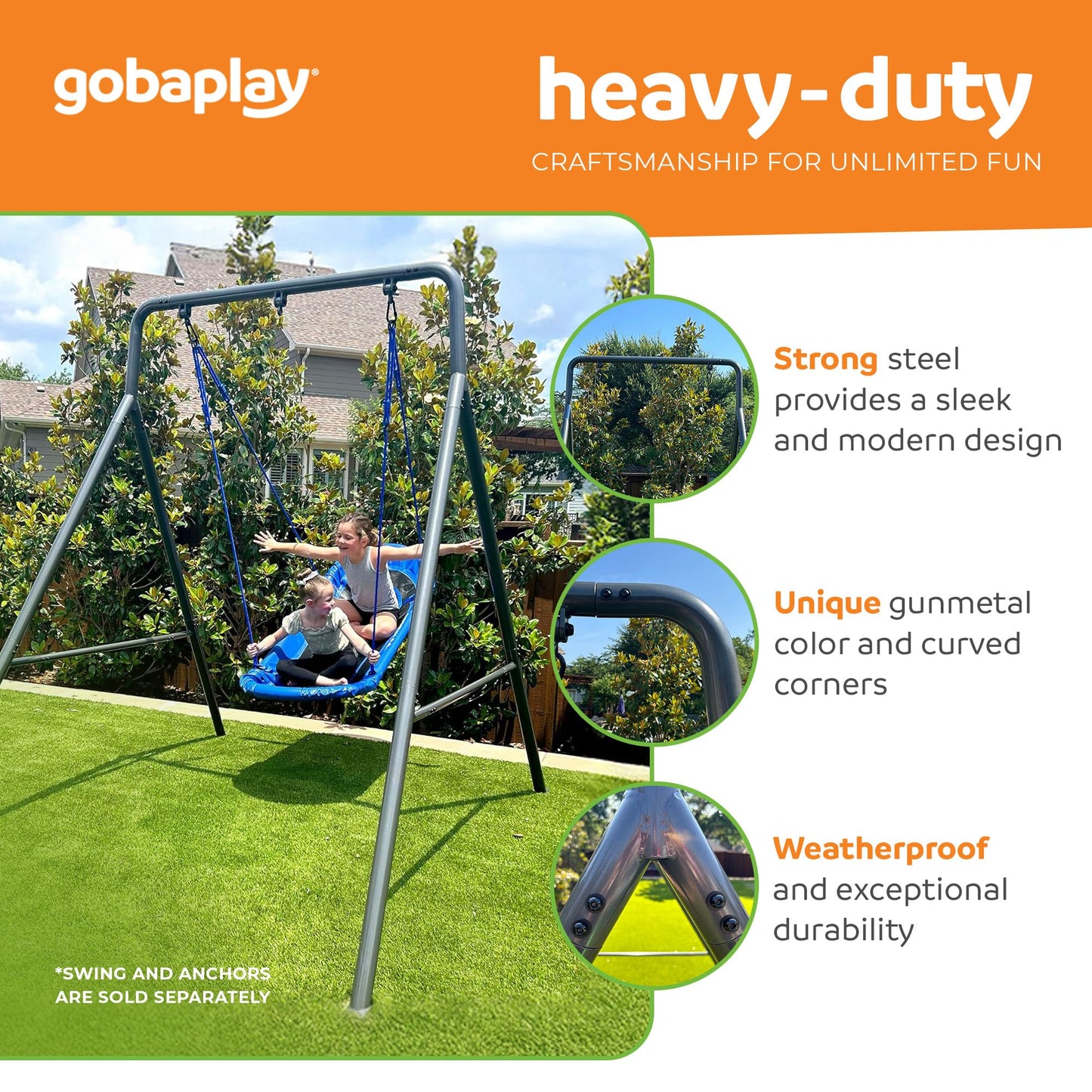 gobaplay Single Swing Set Frame, TitanFlex 6.7ft x 8.4ft Modular Metal Swingset - Outdoor & Backyard Playground Equipment for Kids (Frame Only)