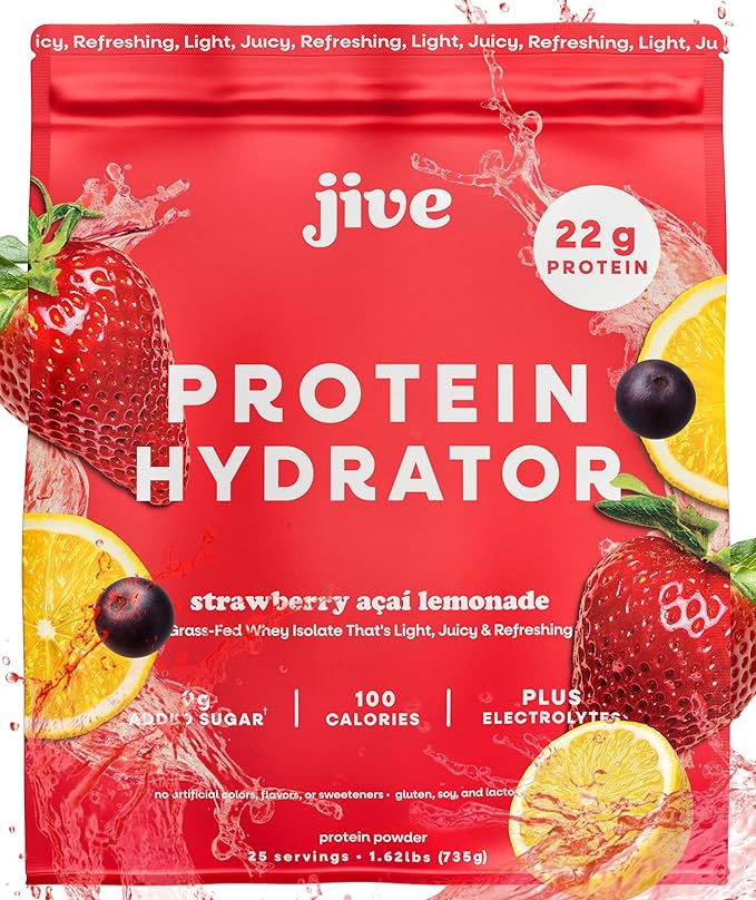Jive Clear Protein Powder - 22g Grass-Fed Whey Isolate, 25 Servings - Strawberry Acai Lemonade - 895mg of Electrolytes - Zero Added Sugar - Clear Drink Protein Water & Juice