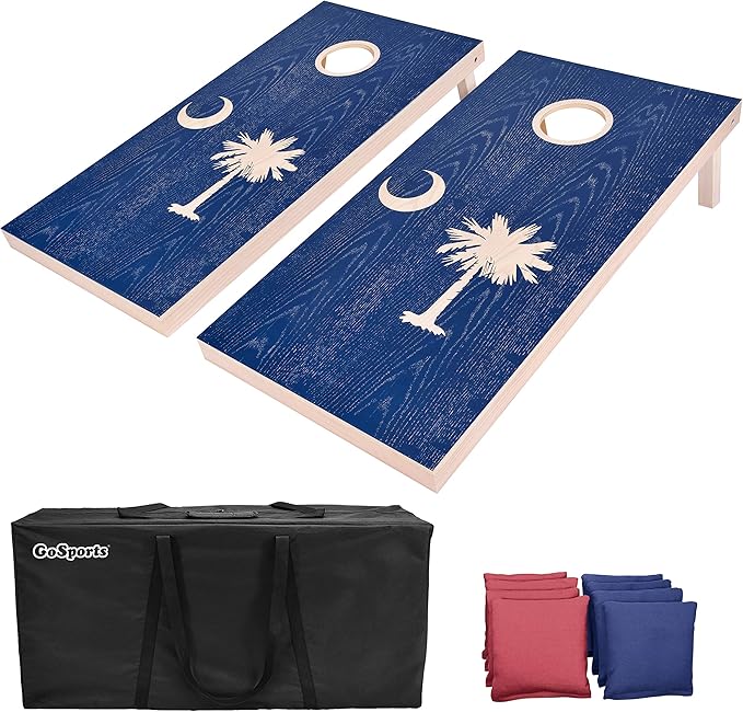 GoSports 4 x 2 ft Flag Series Wood Cornhole Sets – American Flag or State Flags – Includes 2 Regulation Size Boards, 8 Bean Bags, Carrying Case and Rules