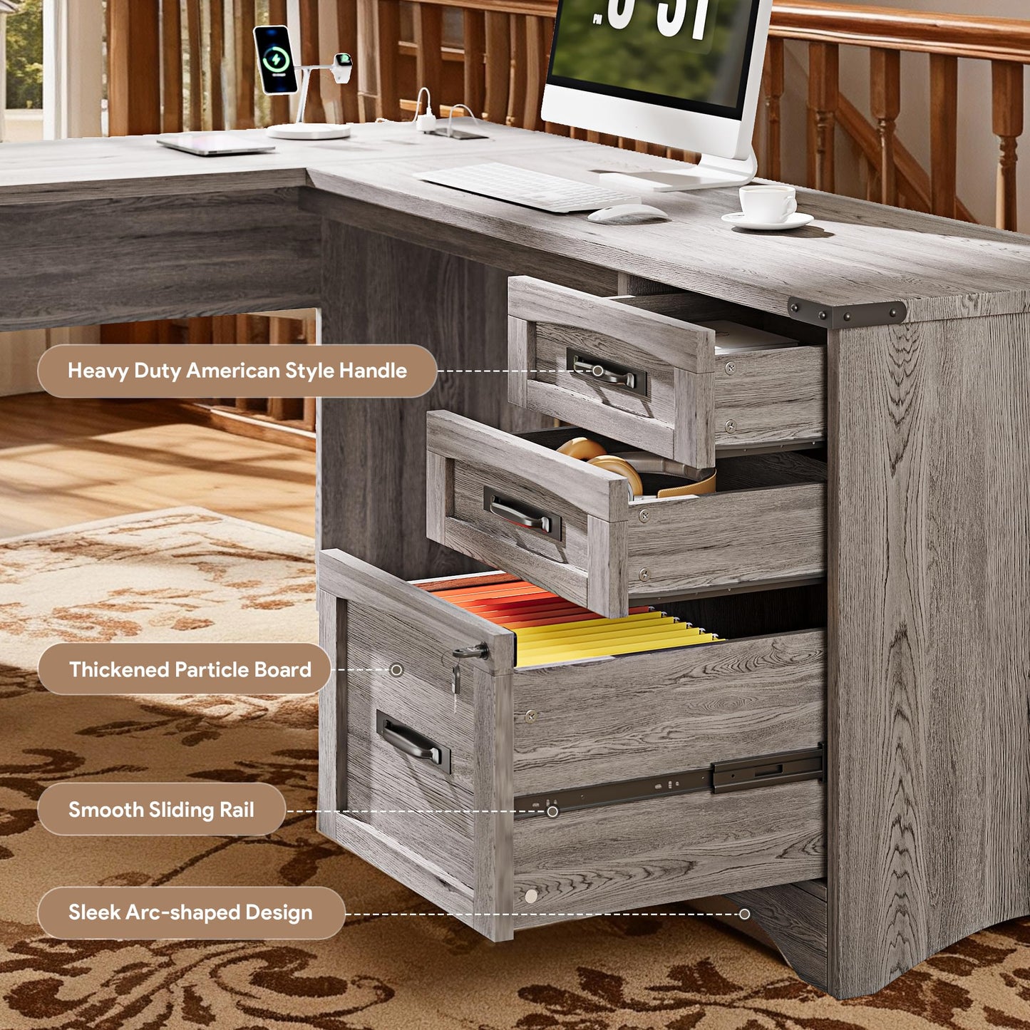 Decofy 67" Farmhouse L Shaped Standing Desk with Drawers Home Office Executive Desks with Fast Charging Station, Lockable File Cabinet, Wood Writing Computer Desk for Work, Study, Grey