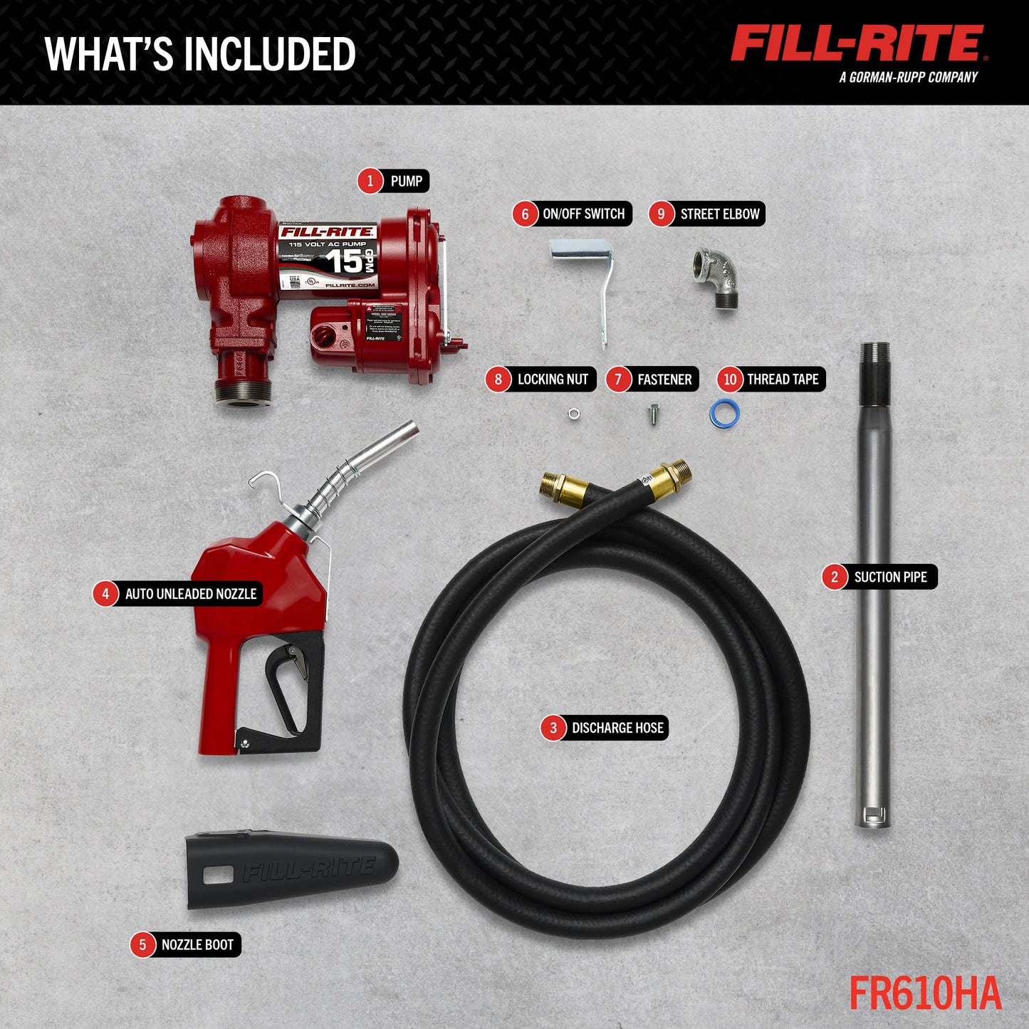 Fill-Rite FR610HA 115V 15 GPM Fuel Transfer Pump w/Discharge Hose & Automatic Nozzle (Red) | Gasoline, Diesel, Kerosene, Ethanol & Methanol Blends & Biodiesel
