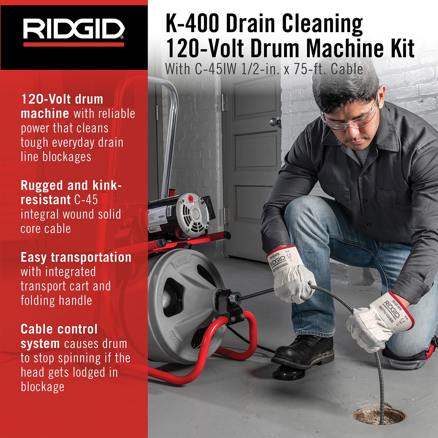 RIDGID 26998 K-400 Drain Cleaning 120-Volt Drum Machine Kit with C-45IW 1/2" x 75' Cable, White, Black, Red and RIDGID 63025 T-209 2" Spiral Cutter