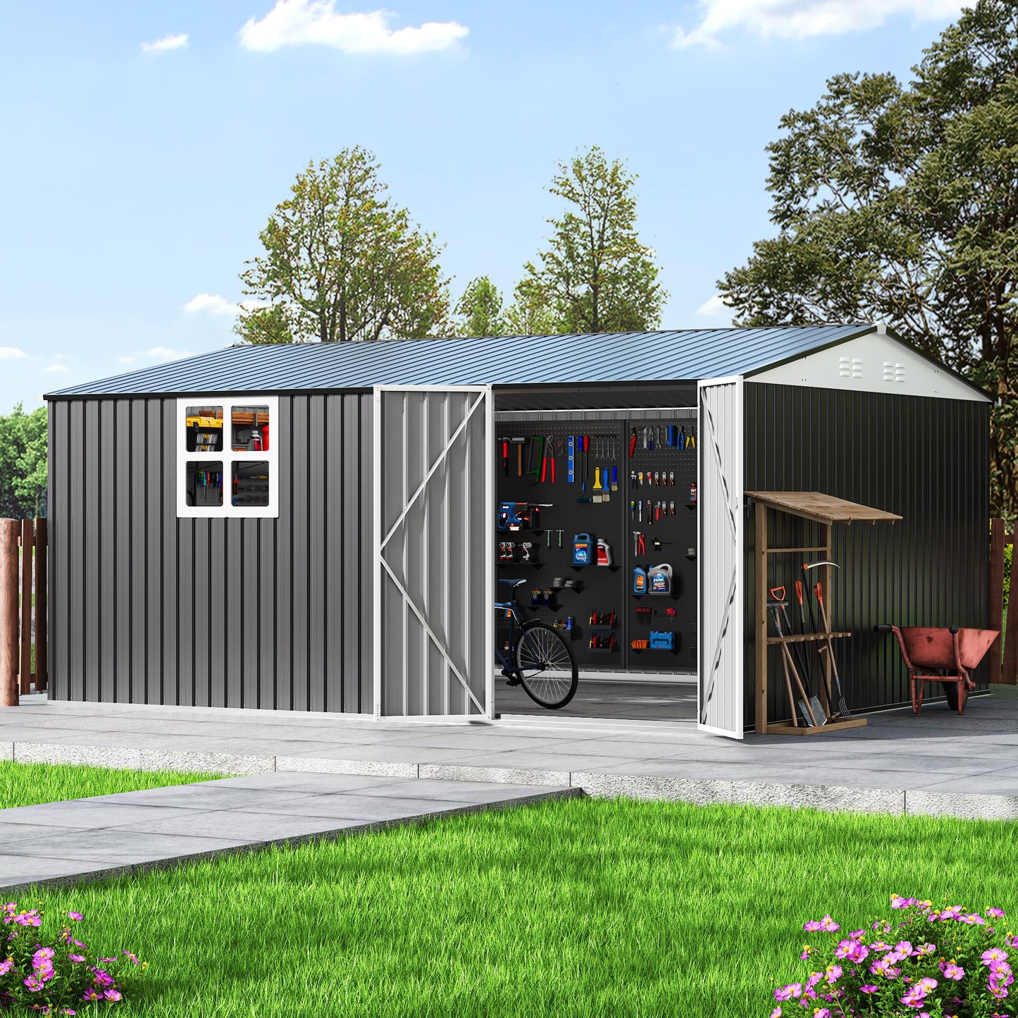 Polar Aurora 12X14 FT Metal Outdoor Storage Sheds with Window, Heavy-Duty Galvanized Steel Garden Shed with Lockable Doors and 4 Vents, Large Weatherproof Tool Shed Kit for Backyard Patio, Black