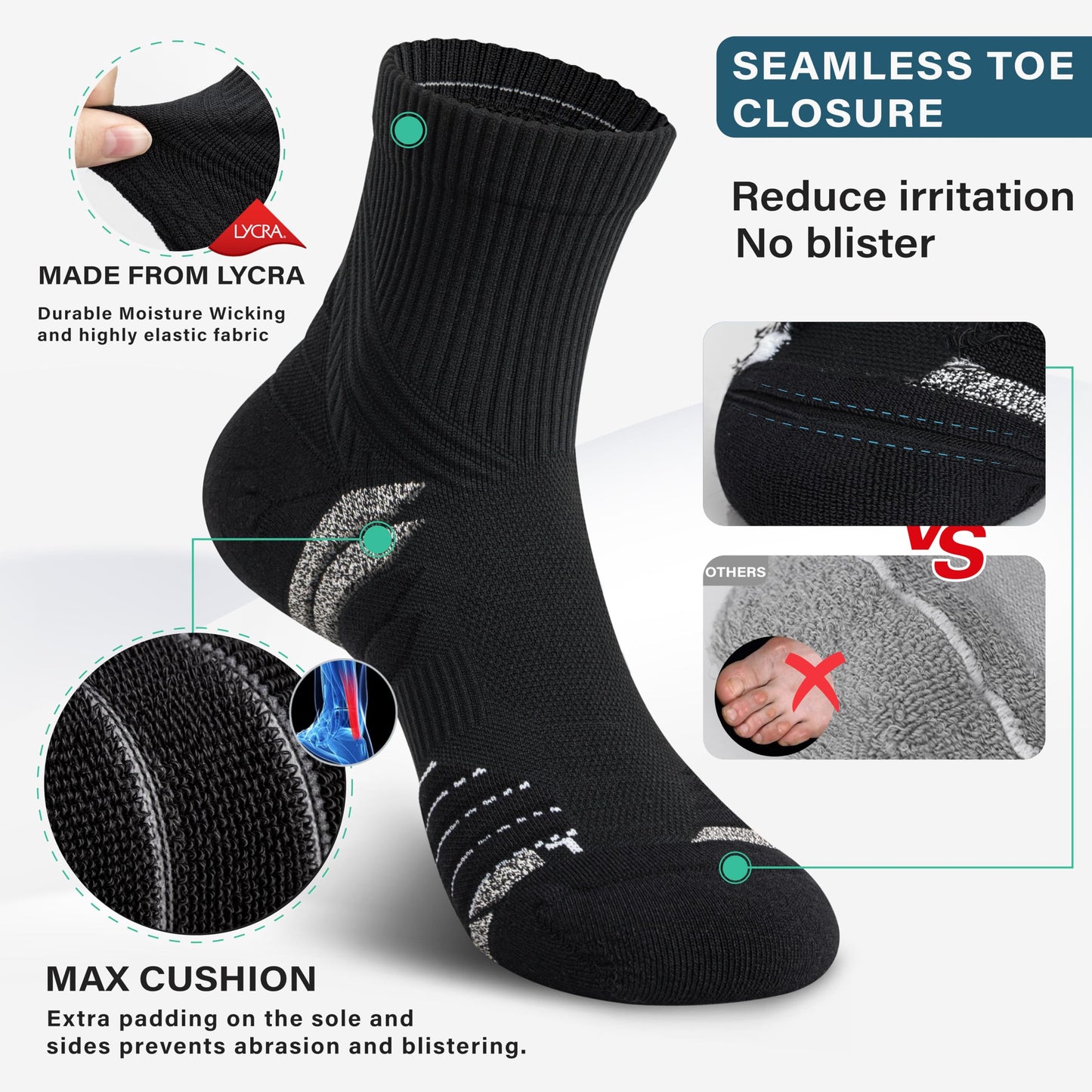 Hylaea Quarter Compression Running Socks, Anti-Blister Athletic Socks with Cushion and Moisture Wicking Coolmax, Black Large