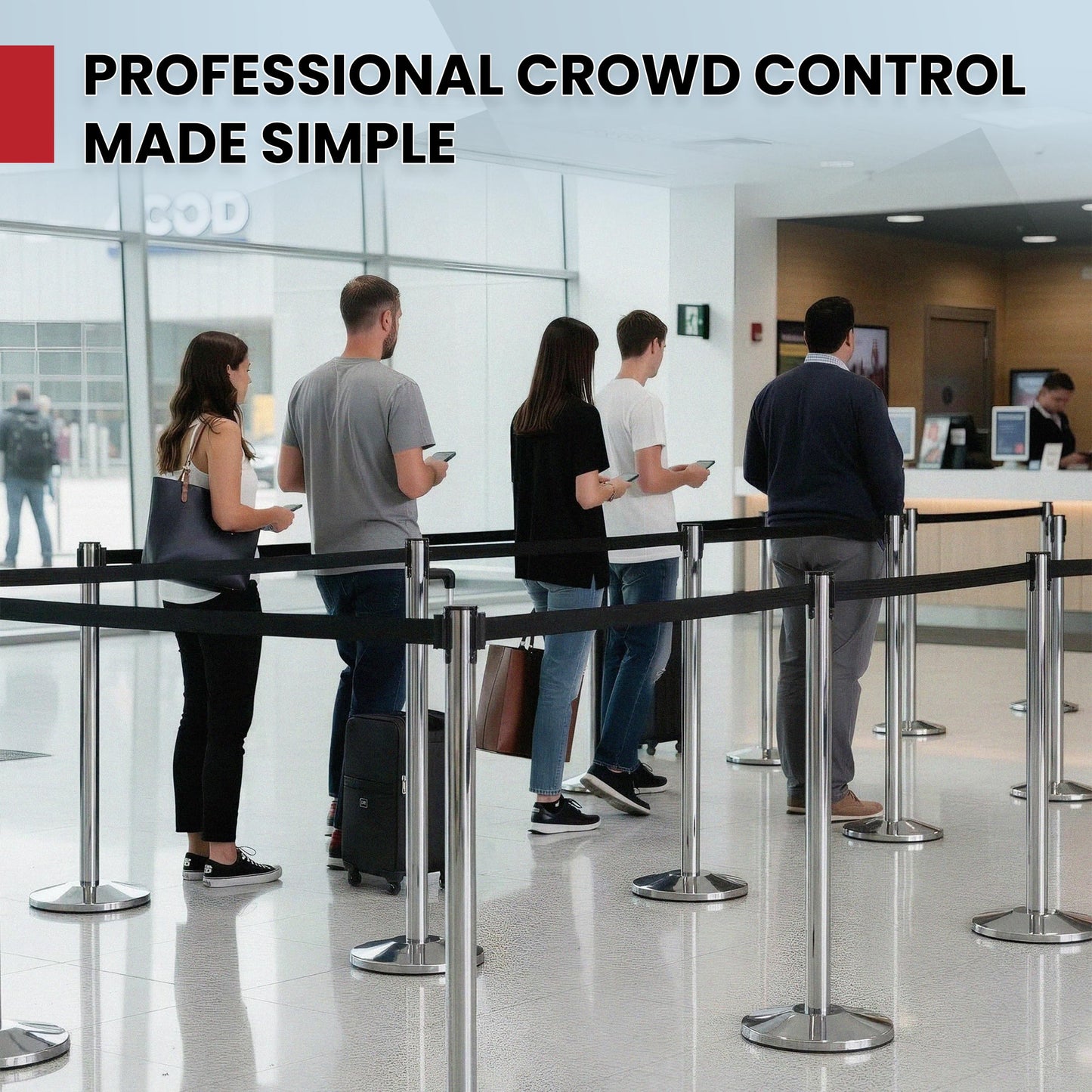 Crowd Control Warehouse Set of 2 Stanchion Retractable Belt Barriers, 11 Foot Black Belt Barrier with 40” Polished Stainless Steel Posts, Barriers with Heavy Duty Concrete Base, CCW Series RBB-100