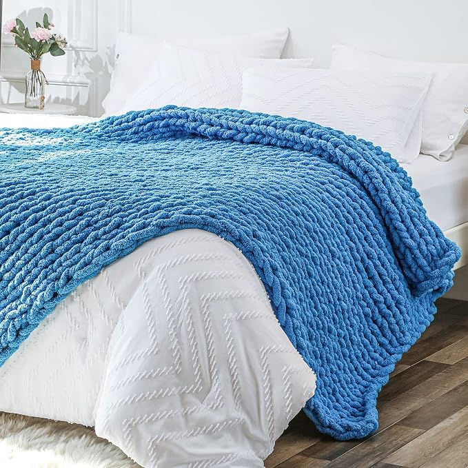Bigacogo Chunky Knit Throw Blanket for Couch, 51x63 inches, 100% Hand Knitted with Thick Jumbo Chenille Yarn, Cozy Soft Large Rope Knot Cable Crochet Blankets for Sofa Bed Living Room, Bright Blue