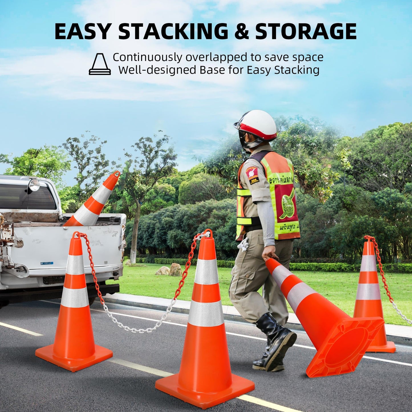 DWVO 12Pack 28in Traffic Cones with 36FT Chain, Safety Road Parking Cones PVC Base, Orange Traffic Cone with Reflective Collars, Hazard Construction Cones for Home Traffic Parking Road