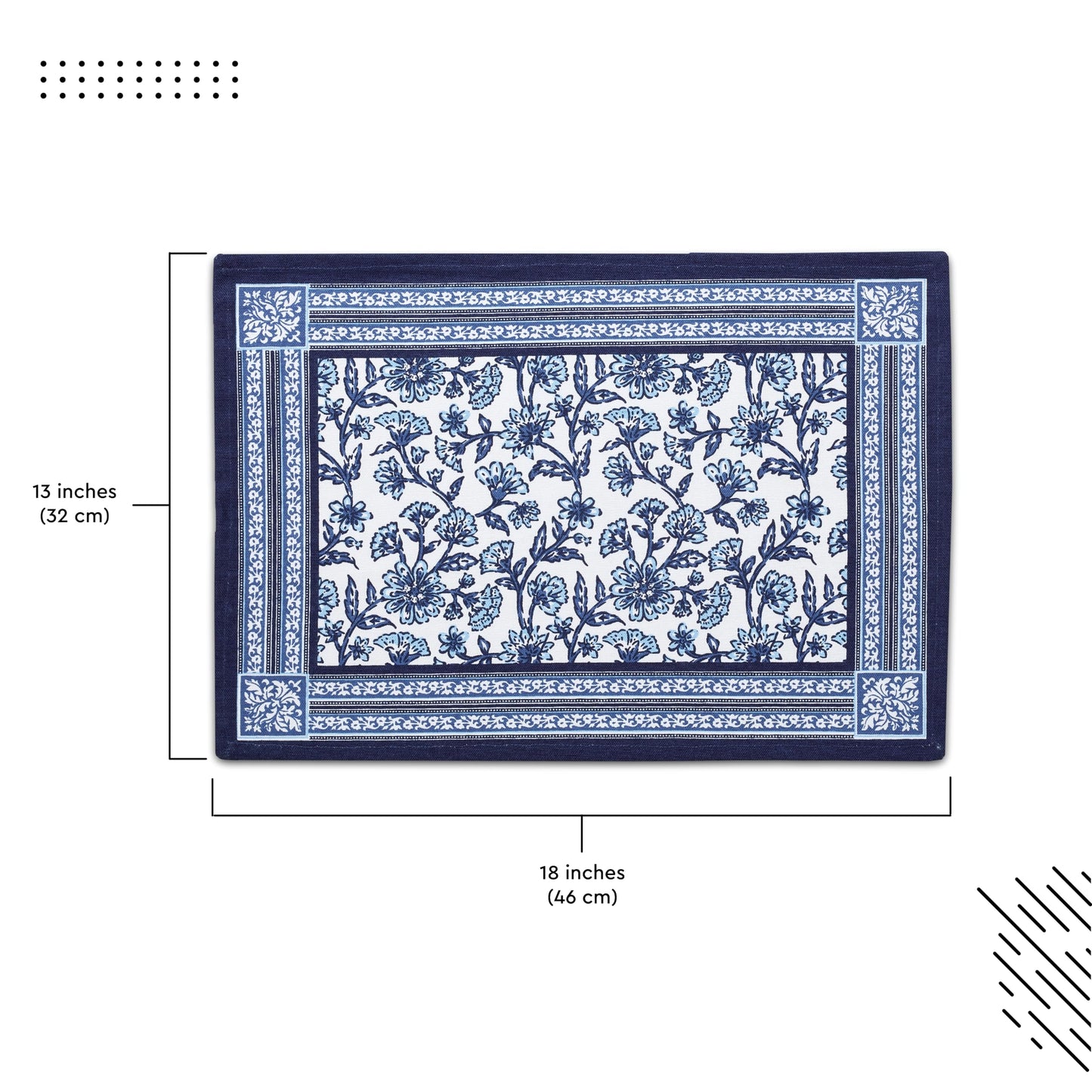Encasa XO Dining Table Mats Set of 6 | Indigo-02 Block Printed Cotton Canvas Placemat - 18x13 in | Jaipur Sanganeri Hand Print