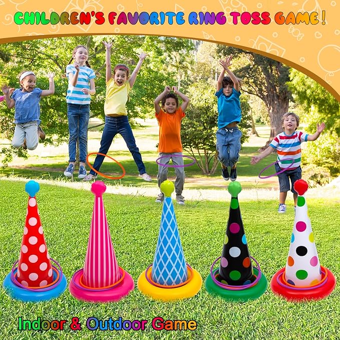 Inflatable Ring Toss Game, Birthday Party Games Ring Toss Game for Kids Adults Birthday Party Decorations Lawn & Yard Games Toys for Family 5-Pack with 10 Plastic Rings