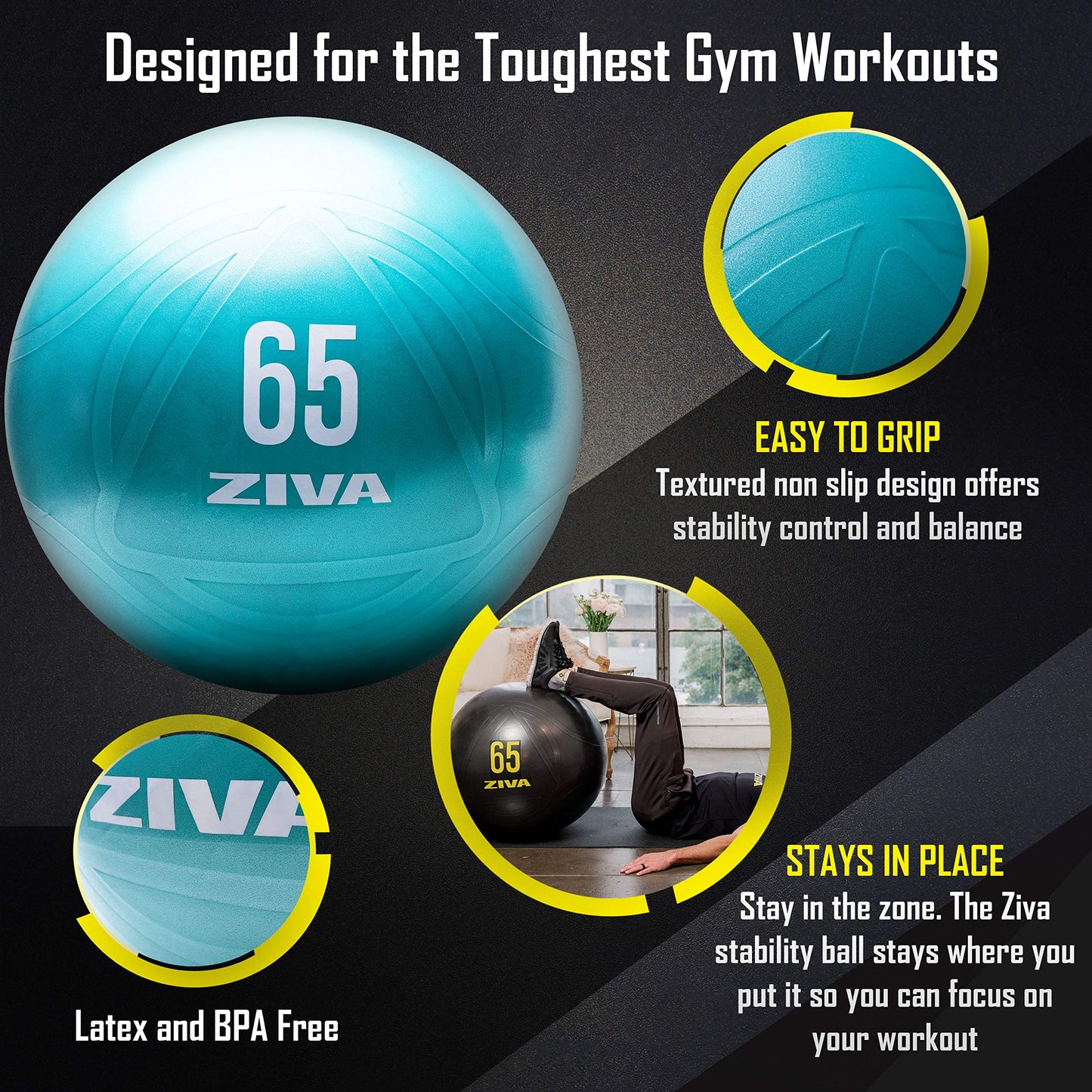 ZIVA Anti Burst Core Fitness Exercise Ball - Professional Grade Slip Resistant Yoga Ball for Stability Balance - Multiple Sizes, 55-75cm, 55 cm - Turquoise