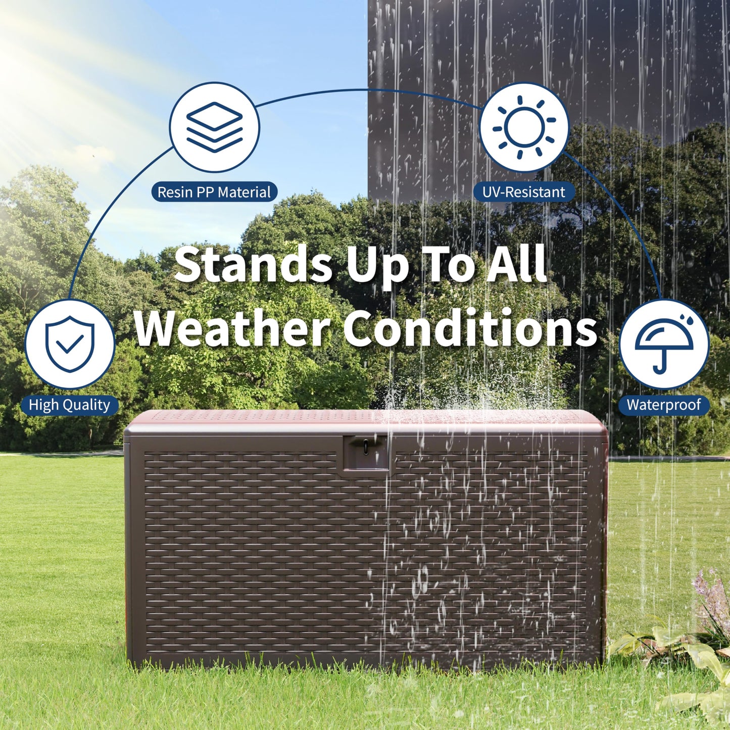 99 Gallon Outdoor Deck Box, HDPE Resin Patio Storage Bench with Lockable Hydraulic Lid, Weatherproof UV-Resistant Storage Chest for Tools, Pool Toys, Cushions,Large Capacity, Brown Wicker Style