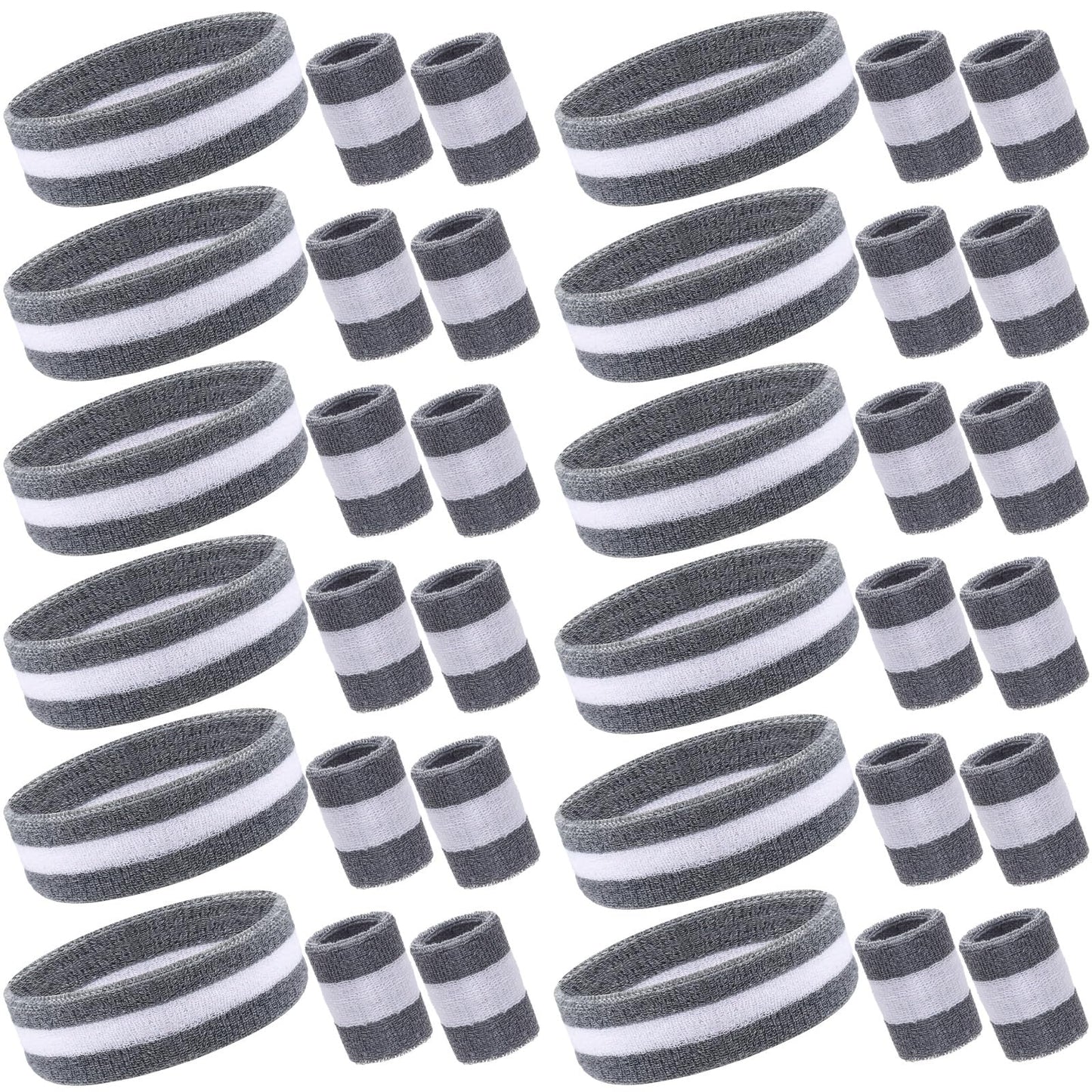 Eurzom 36 Pcs Neon Sports Sweatbands Set Include 12 Striped Sweat Absorbing Headbands 24 Wrist Sweatbands Cotton Wristbands for Men Women Gym Tennis(Grey, White)