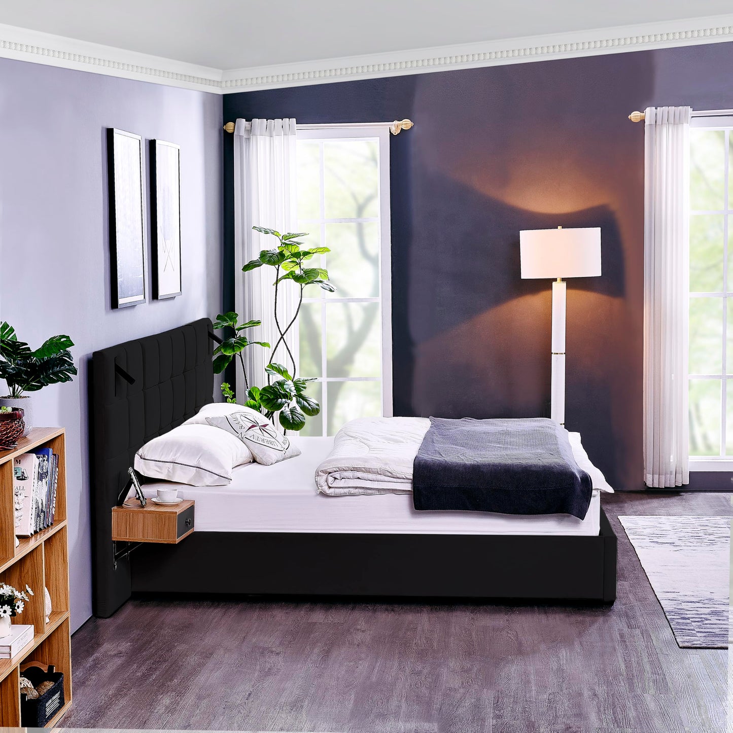 KEIKI King Size Storage Velvet Upholstered Hydraulic Lift Platform Bed with 2 Shelves, 2 Reading Lamps and USB Port, Modern King Bed Frame with Headboard, Space Saving, Black