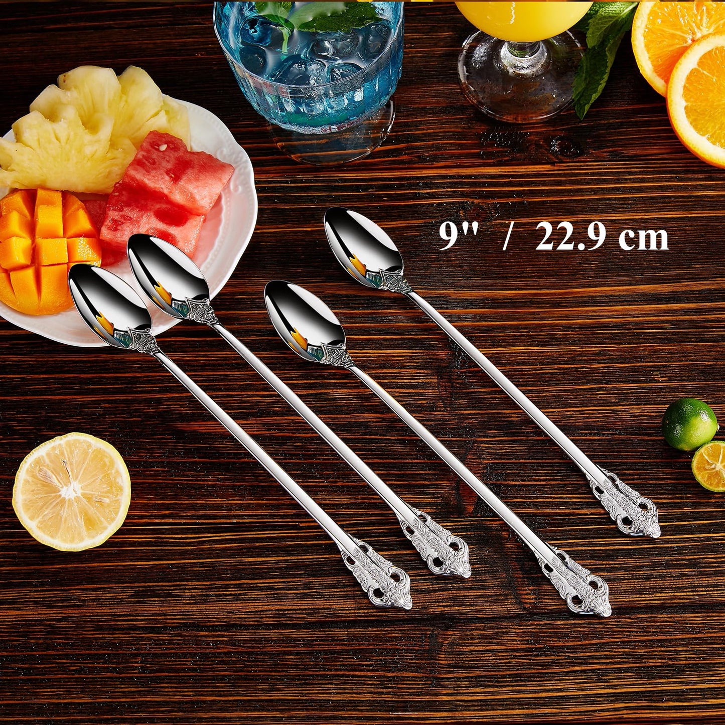 KEAWELL Luxurious 9 Inch Long Iced Tea Spoon Set - 4 Pieces - Gorgeous Design with Exceptional Mirror Polished Finish - 18/10 Stainless Steel- Perfect for Tall Glasses, Cocktails (Silver)
