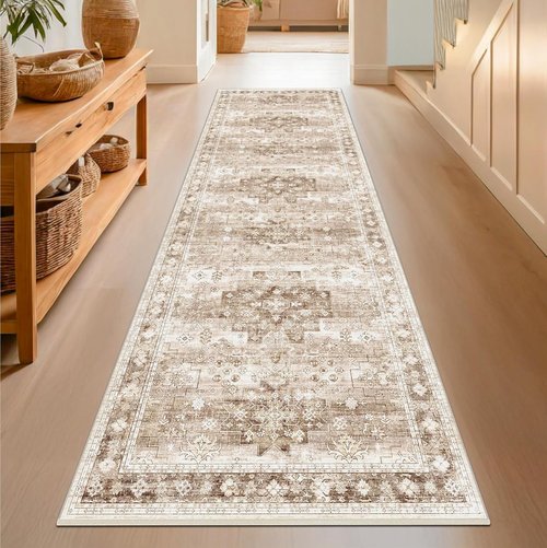 Hazo Haus Beige Washable Hallway Runner Rug - Non-Slip, Stain Resistant, 2'6"x8' Boho Floral Decor