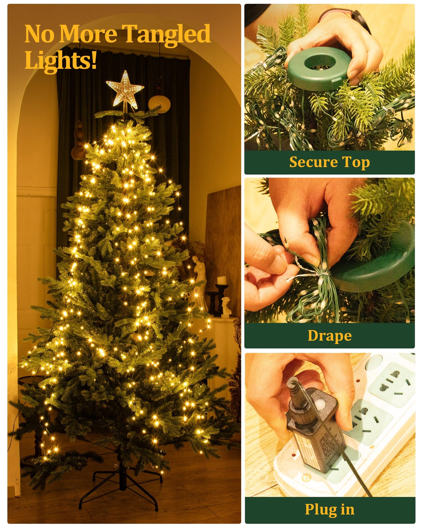 Tomanwai Christmas Tree Lights, 400 LED Christmas Lights with 8 Light Modes & Memory Function, 6.6FT x 16 Lines Outdoor Christmas Light with Timing Function for Christmas Decorations - Warm White