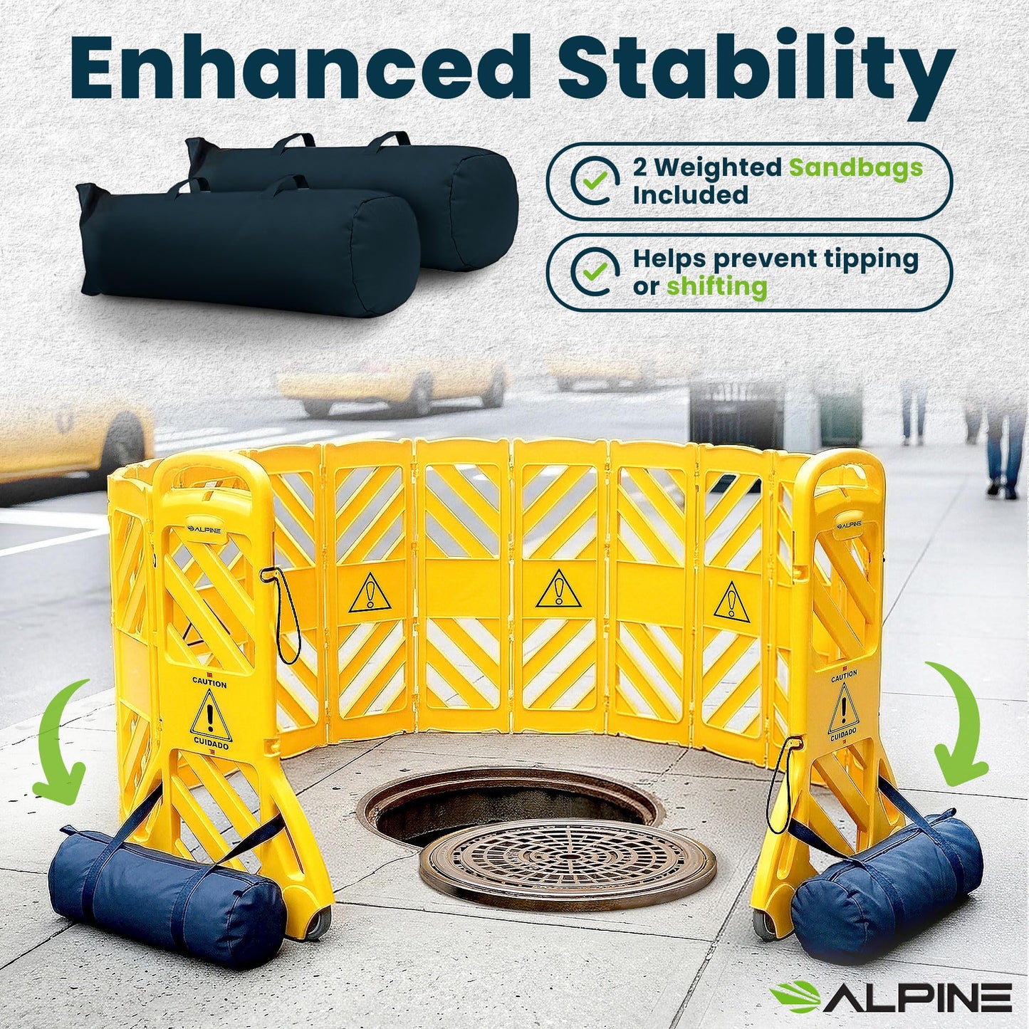 Alpine Commercial Safety Barriers, 13 Foot Expandable Mobile Barricade System - Folding Portable Barrier, Yellow, Plastic, for Construction, Driveway Gate
