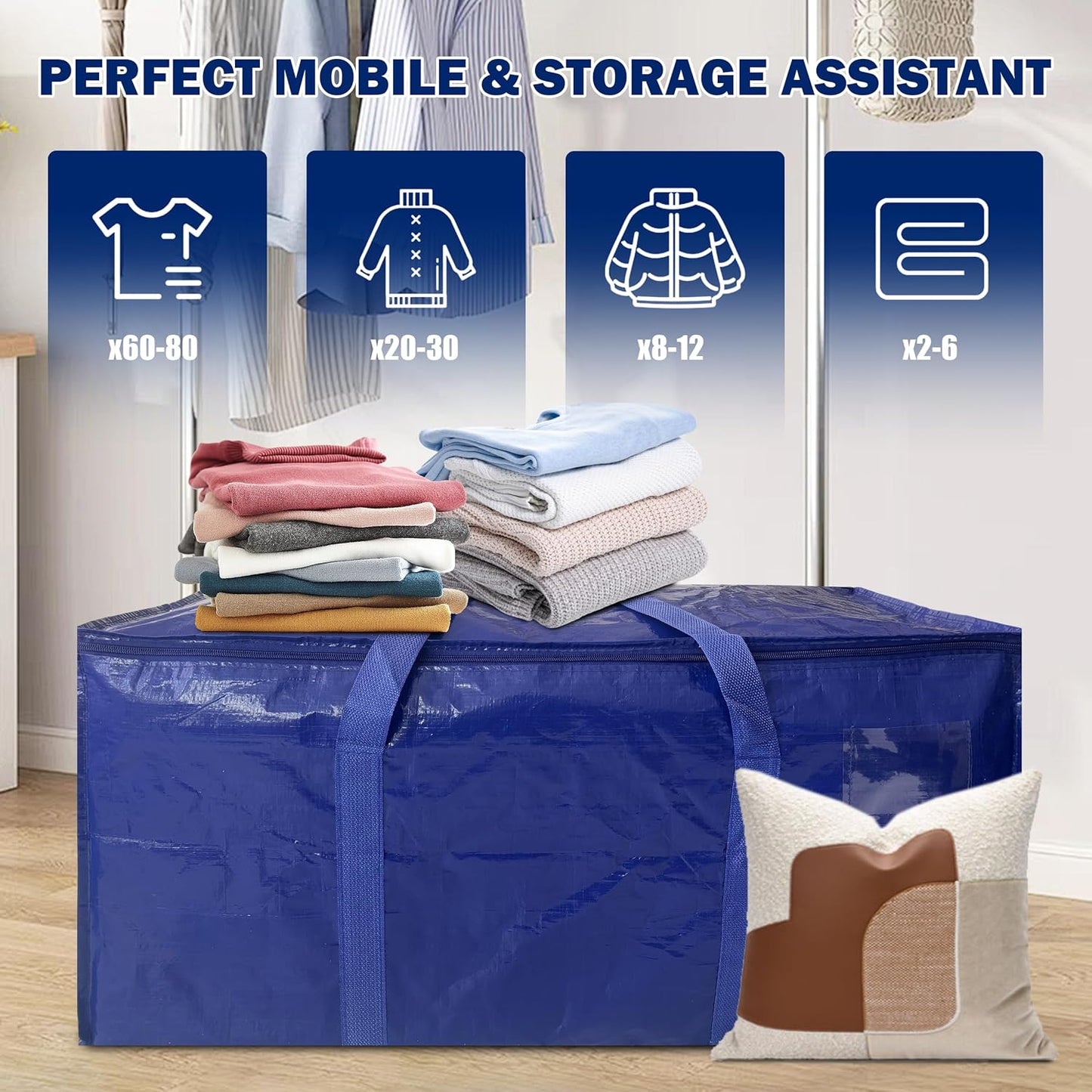 Skiennix Extra Heavy Duty Moving Bags - 8 Pack Large Storage Totes with Strong Zipper & Handles | Dark Blue - 24 Gal