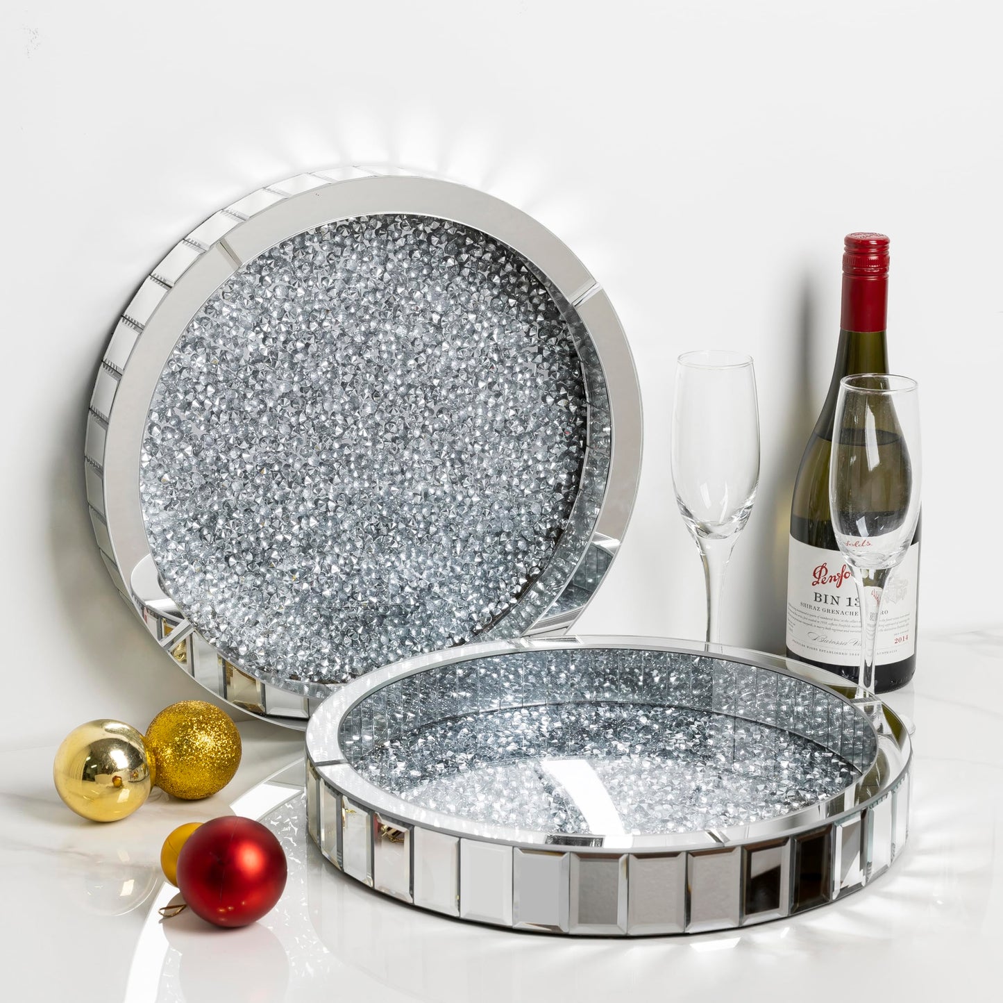 Blingworld 14" Mirrored Tray with Lazy Susan, Easy Access, Super Gorgeous Round Tray with Crushed Diamond Silver Finish - Perfume Organizer & Jewelry for Dresser