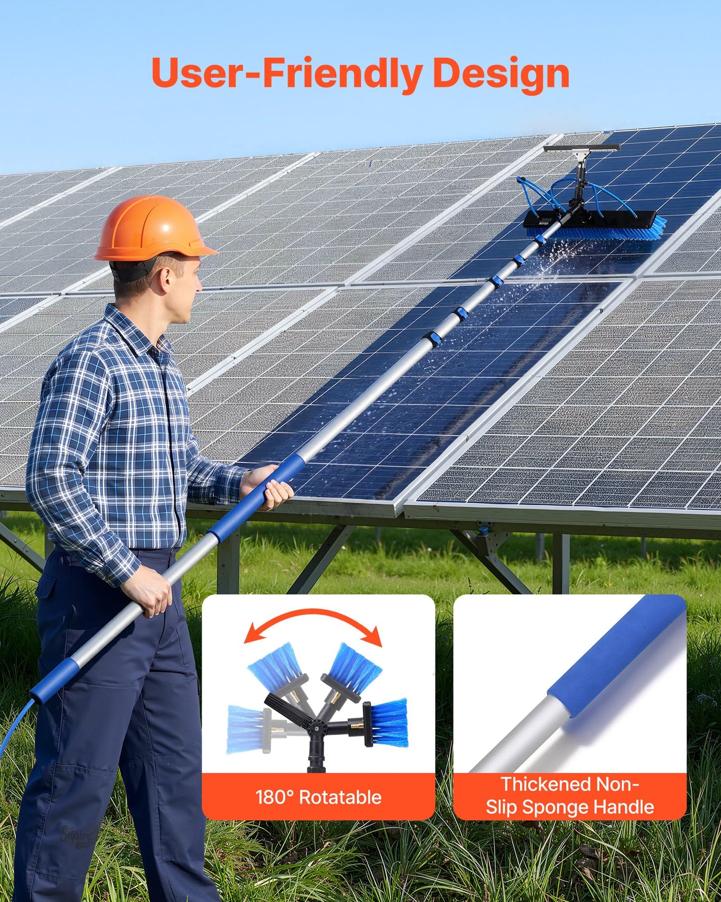 VEVOR Solar Panel Cleaning Kit, 33 ft, Water Fed Pole Kit with Cleaning Brush, Squeegee, Soap Dispenser, Extendable Aluminum Telescopic Pole, 180° Rotatable Brush Head, for Roof Mounted Solar Panels