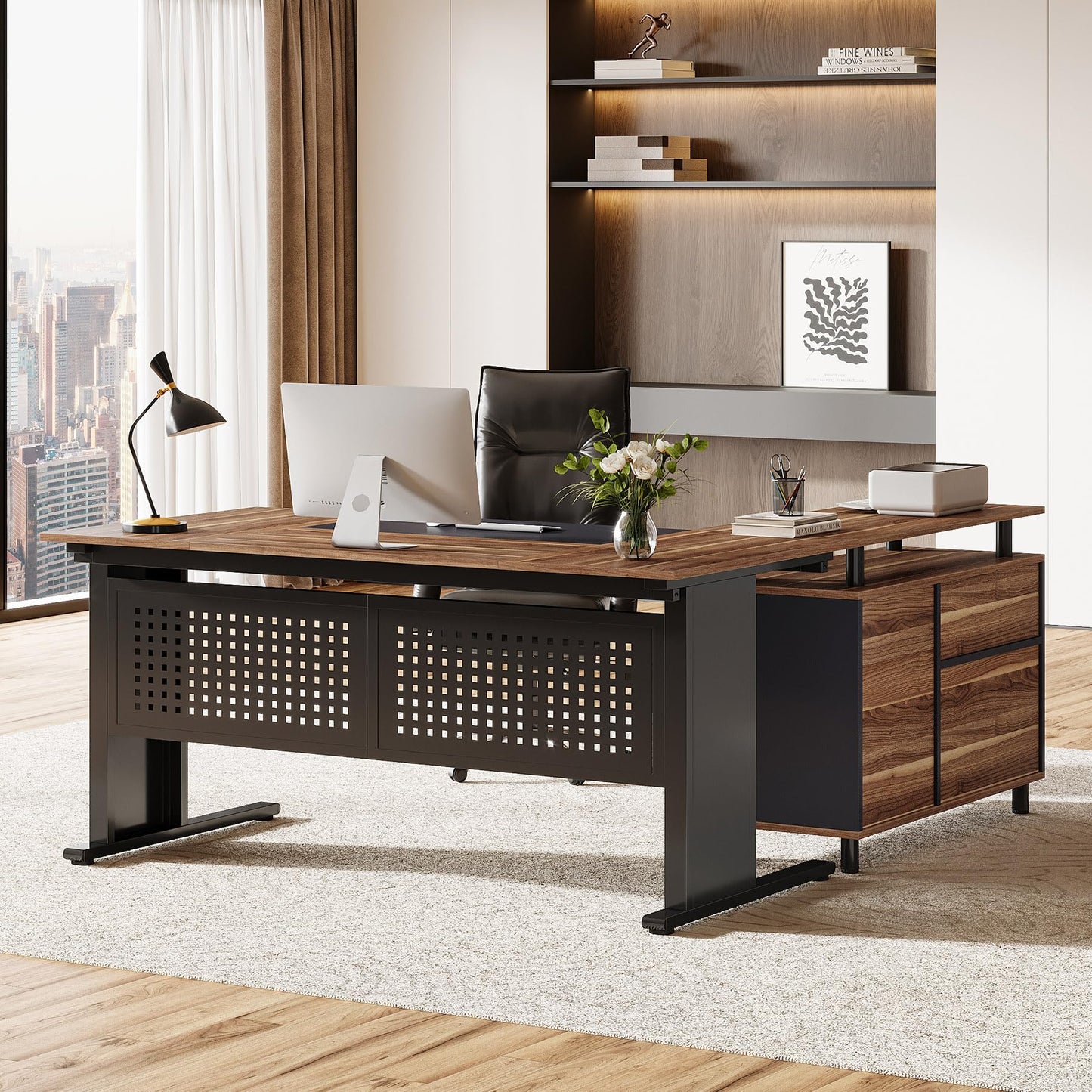 Tribesigns 63-Inch L-Shaped Executive Desk with Storage Shelves, Large Office Computer Desk with Drawers and File Cabinet, Industrial Business Workstation for Home Office, Brown and Black