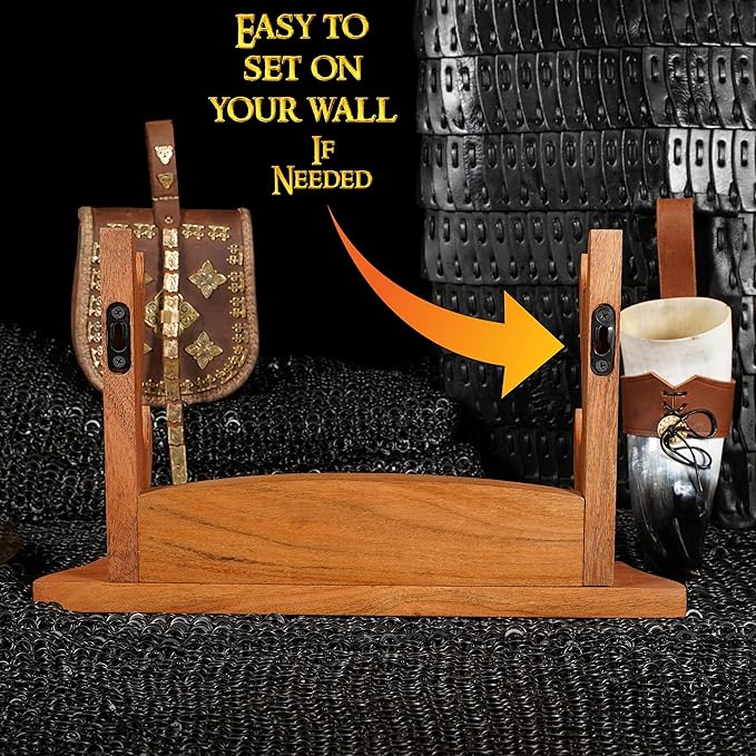 Mythrojan Solid Wood Sword Stand Wall Mount Display Rack for Medieval, Samurai, Katana & Knife Collections Durable, Stylish, Space-Saving Holder - Two Tier Stand