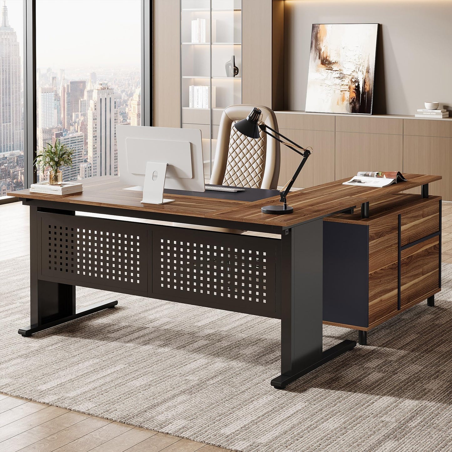 Tribesigns 63-Inch L-Shaped Executive Desk with Storage Shelves, Large Office Computer Desk with Drawers and File Cabinet, Industrial Business Workstation for Home Office, Brown and Black