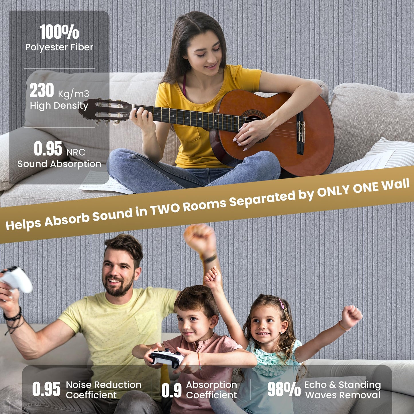 5 Pack Acoustic Panels, 47.2 x 23.6 x 0.35 Inch Sound Proof Panels for Walls, Premium Wall Sound Absorbing Panels, Decorative Sound Dampening Panels for Media Room, Office and Studio,Silver Gray