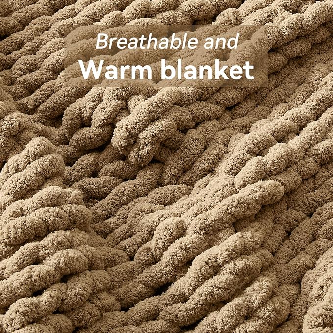 Negwoo Chunky Knit Throw Blanket, 50''*60'' Knitted Throw Chenille Yarn for Bed Couch, Handmade Light Brown Crochet Big Thick Blanket, Machine Washable Cute Comfy Blanket for Home Decor