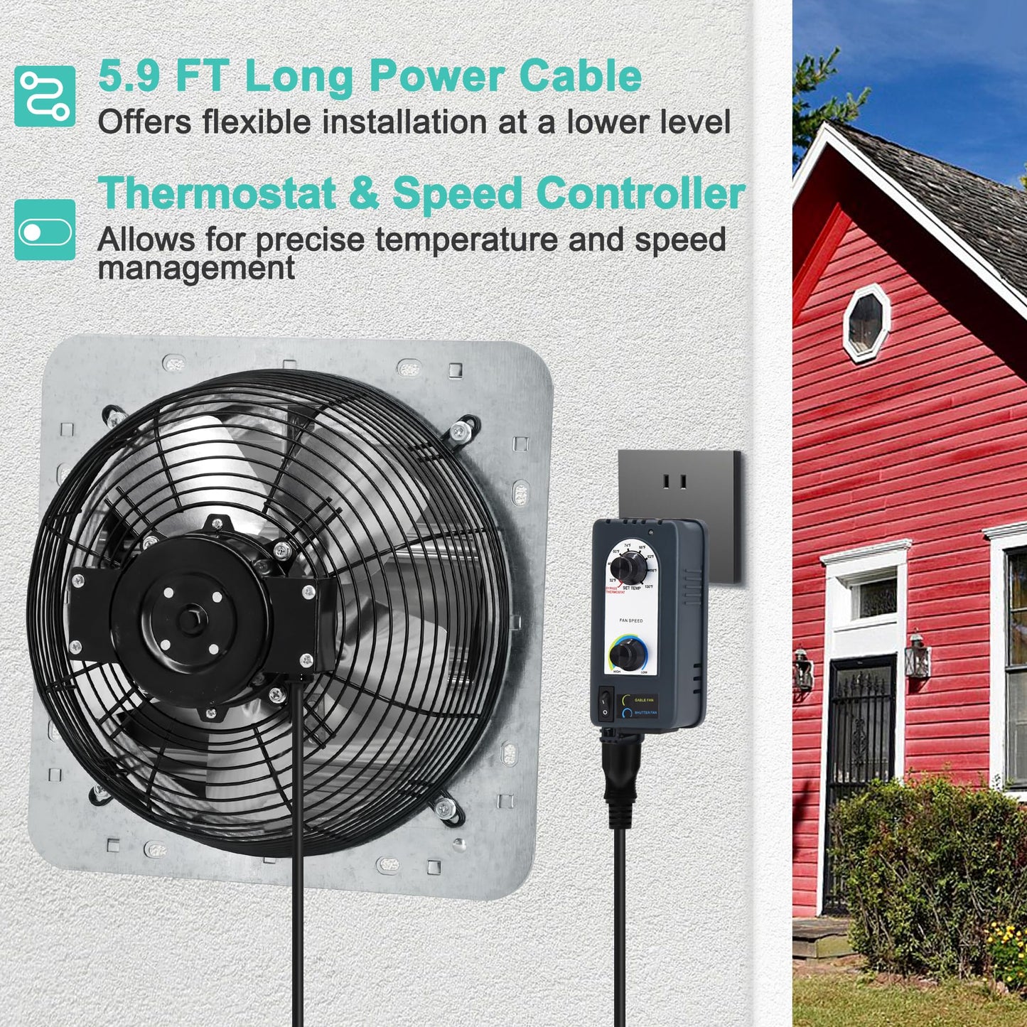 Hipoilk 10 Inch Shutter Exhaust Fan with Thermostat and Speed Controller, Wall Mounted Vent Fan for Attic, Greenhouse, Shed, Garage, Chicken Coop, Shop Ventilation, 820 CFM, 1200 SQF Coverage Area