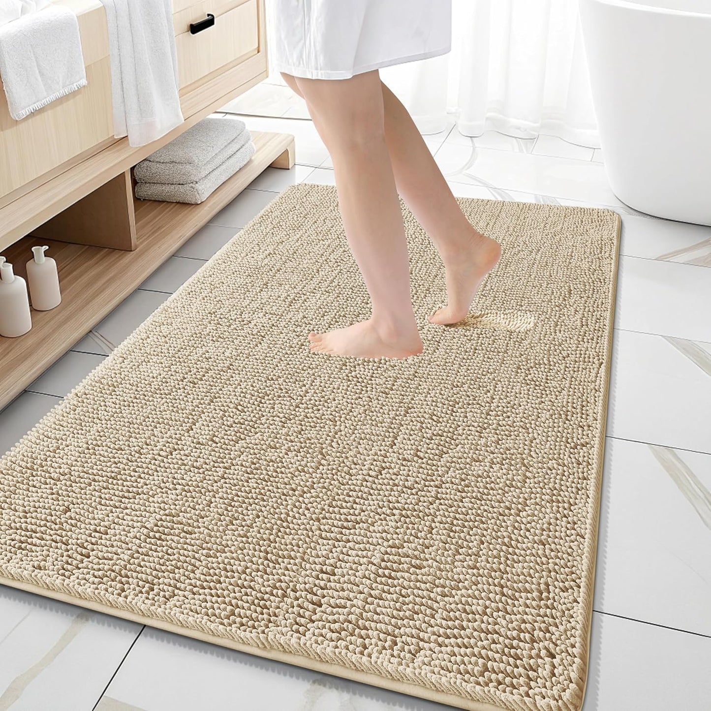 OLANLY Large Bathroom Rugs - Extra Soft Chenille Bath Mats | Quick-Dry, Machine Washable, 59x35, Beige