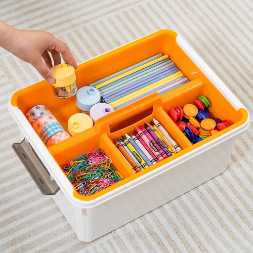 Citylife 17 QT Orange Plastic Storage Bin - Stackable Latching Box with Removable Tray for Organizing