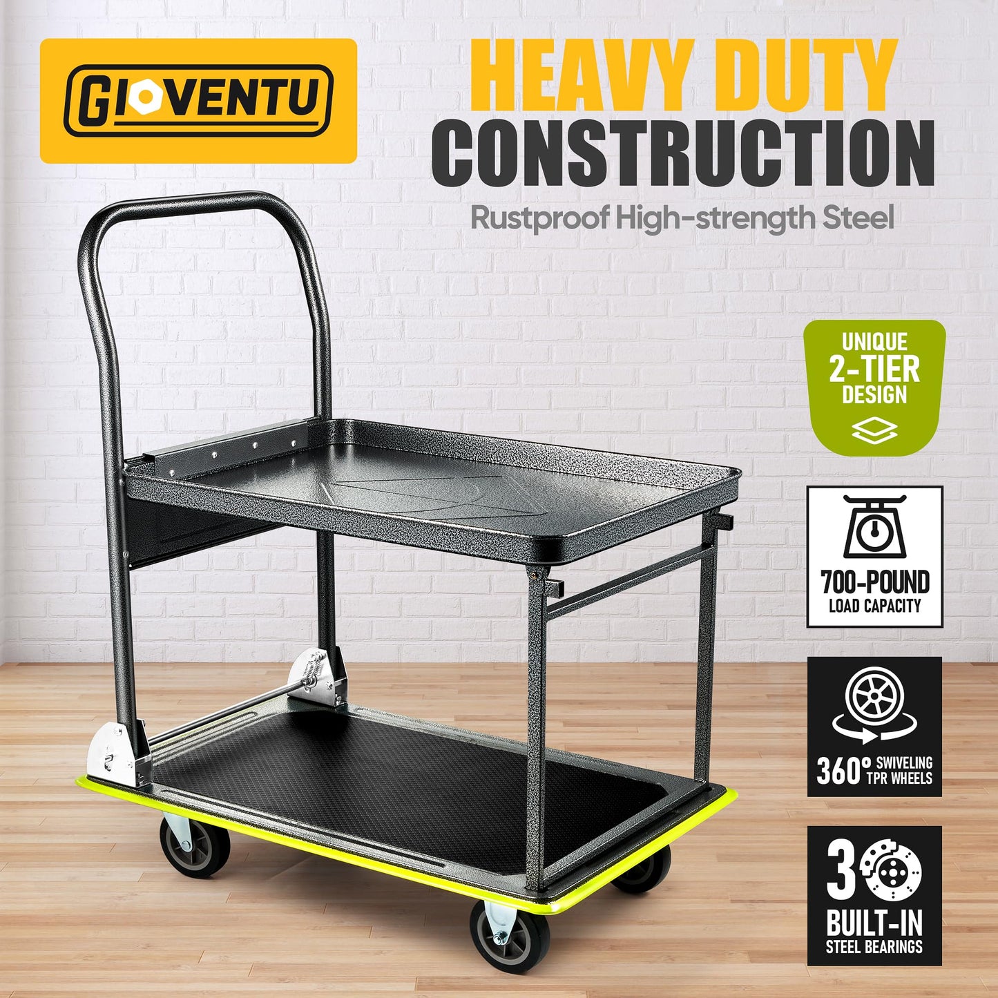 Heavy Duty Push Cart Dolly (700 lbs), Foldable Platform Hand Truck Made with High-Strength Steel, 2 Tier Design, Moving Flatbed Cart with Wheels for Warehouse, Garage, Workshop, Office