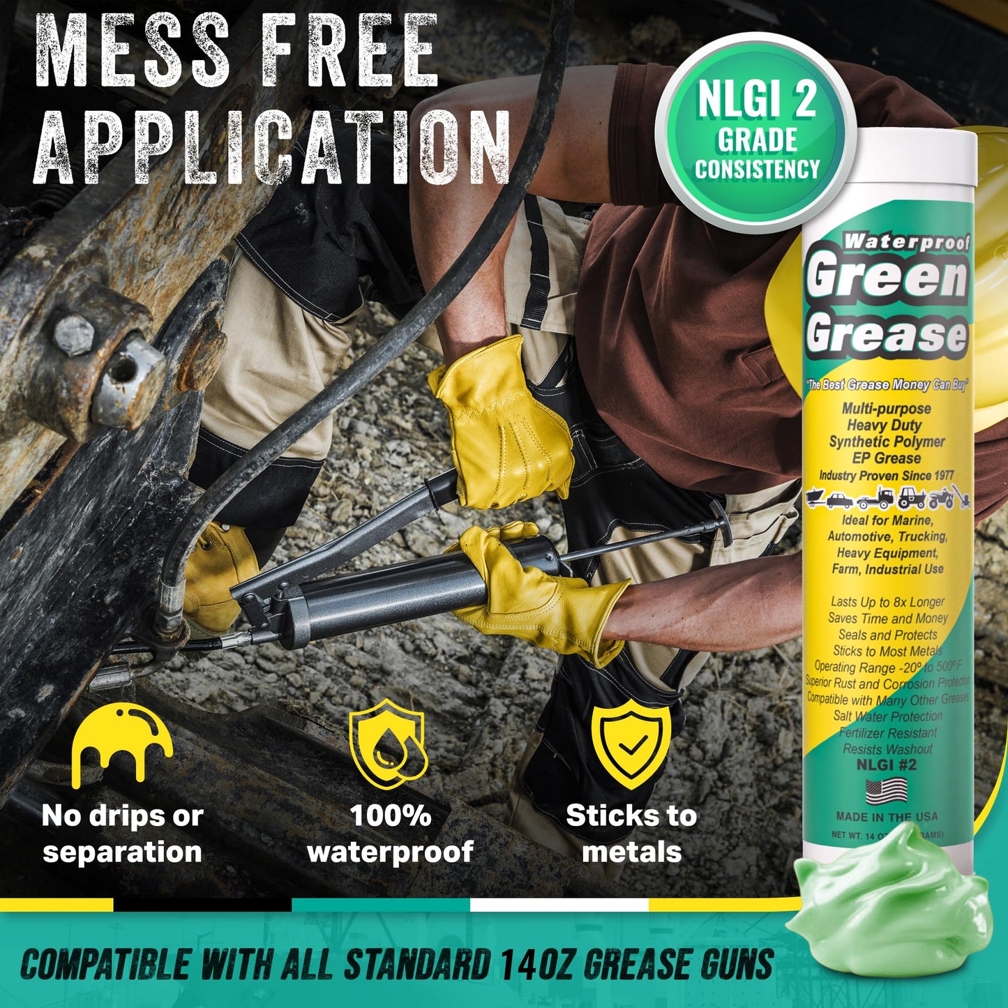 Ultra Heavy Duty Green Grease Tube (14oz, 10 Pack) for Grease Gun – NLGI 2 Lithium, High Temp Waterproof Marine Grade, Rust Resistant Wheel Bearing Lubricant for Auto, Farm & Home Use – American Made.