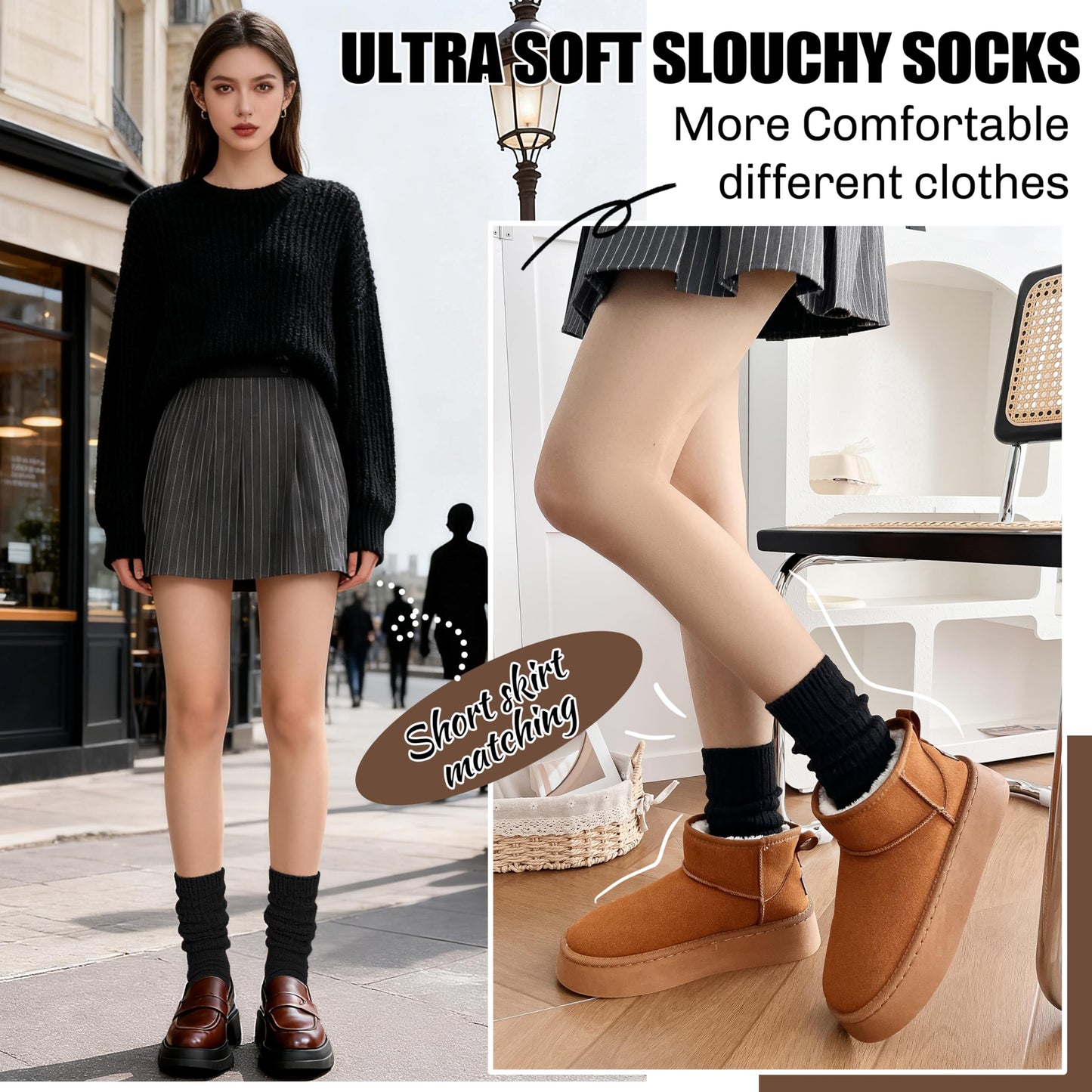 Sandsuced Womens Black Slouchy Boot Socks Winter Warm Cozy Slouch Scrunch Winter Fuzzy Fluffy Crew Socks 5 Pairs Gifts Stocking Stuffers(Black, M)