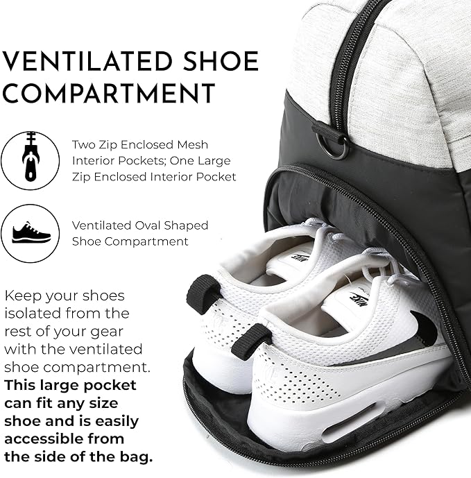Vooray 25L Trainer Duffel Bag ??Lightweight Travel Duffel for Women and Men with Shoe Pocket, Workout Bag, Weekender for Overnight, Football, Traveling, or Hospital Use
