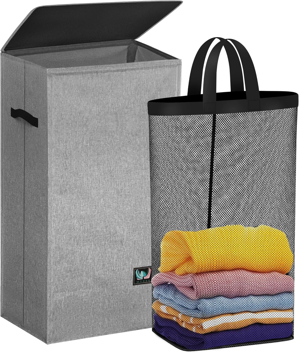 WTREE Laundry Hamper - Large 100L Collapsible Clothes Basket with Lid & Removable Liner - Grey