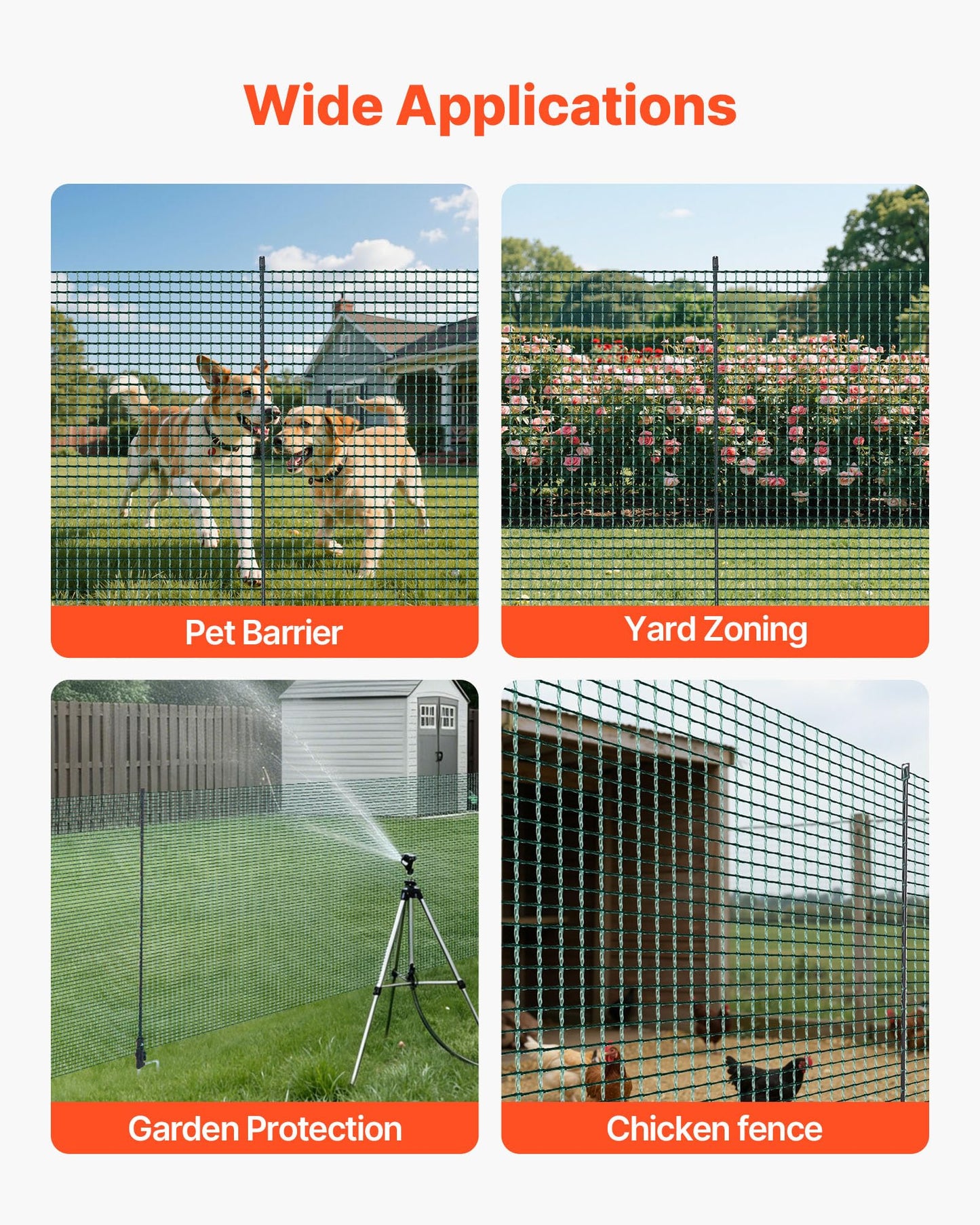 VEVOR Temporary Fence with Posts, 3 x 164 FT Plastic Mesh Fencing, Garden Safety Fences Netting with Double-Spike Stakes & Guy Ropes, Temporary Fence for Dogs, Chickens, Plants, Outdoor Yards