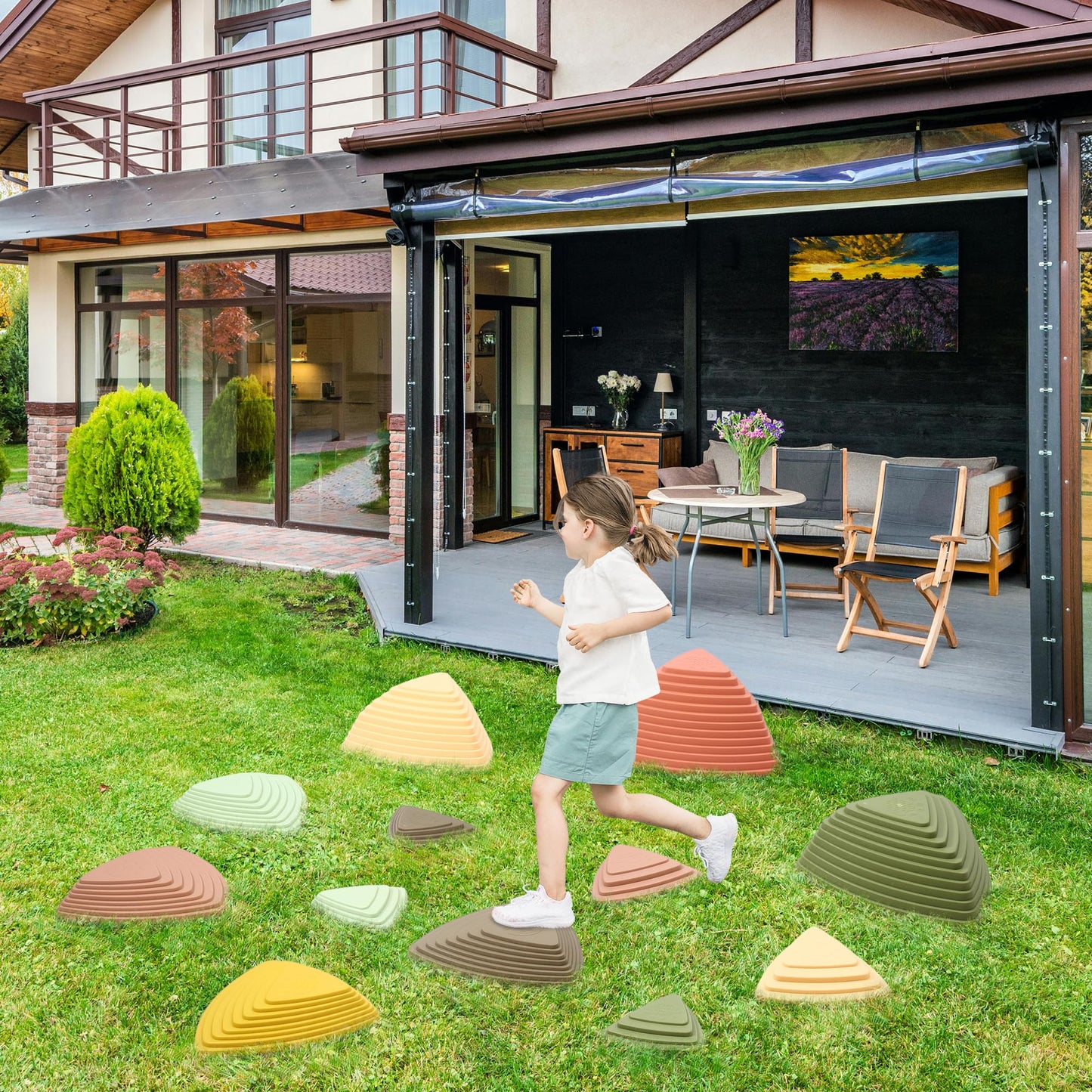 makarci Stepping Stones for Kids 12pcs Obstacle Courses Play Indoor Outdoor, Full Rubber Rim Plastic Hilltop for Kids Balance and Integration Improvement Age 3 4 5 6 7 8 +（Forest）