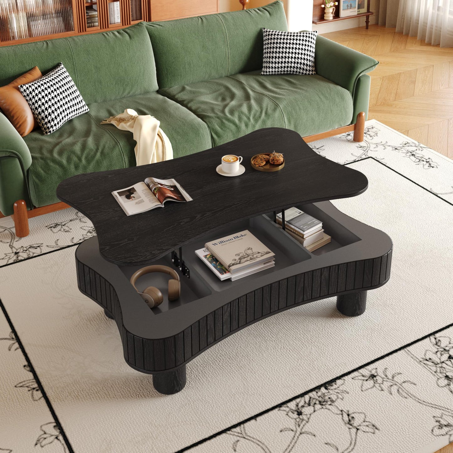 Zurnes Lift Top Coffee Table with Storage, 42" Accent Table for Living Room, Fluted Panel Hidden Storage, Silent Hydraulic Lift, Curved Corners, Easy Assembly, Black